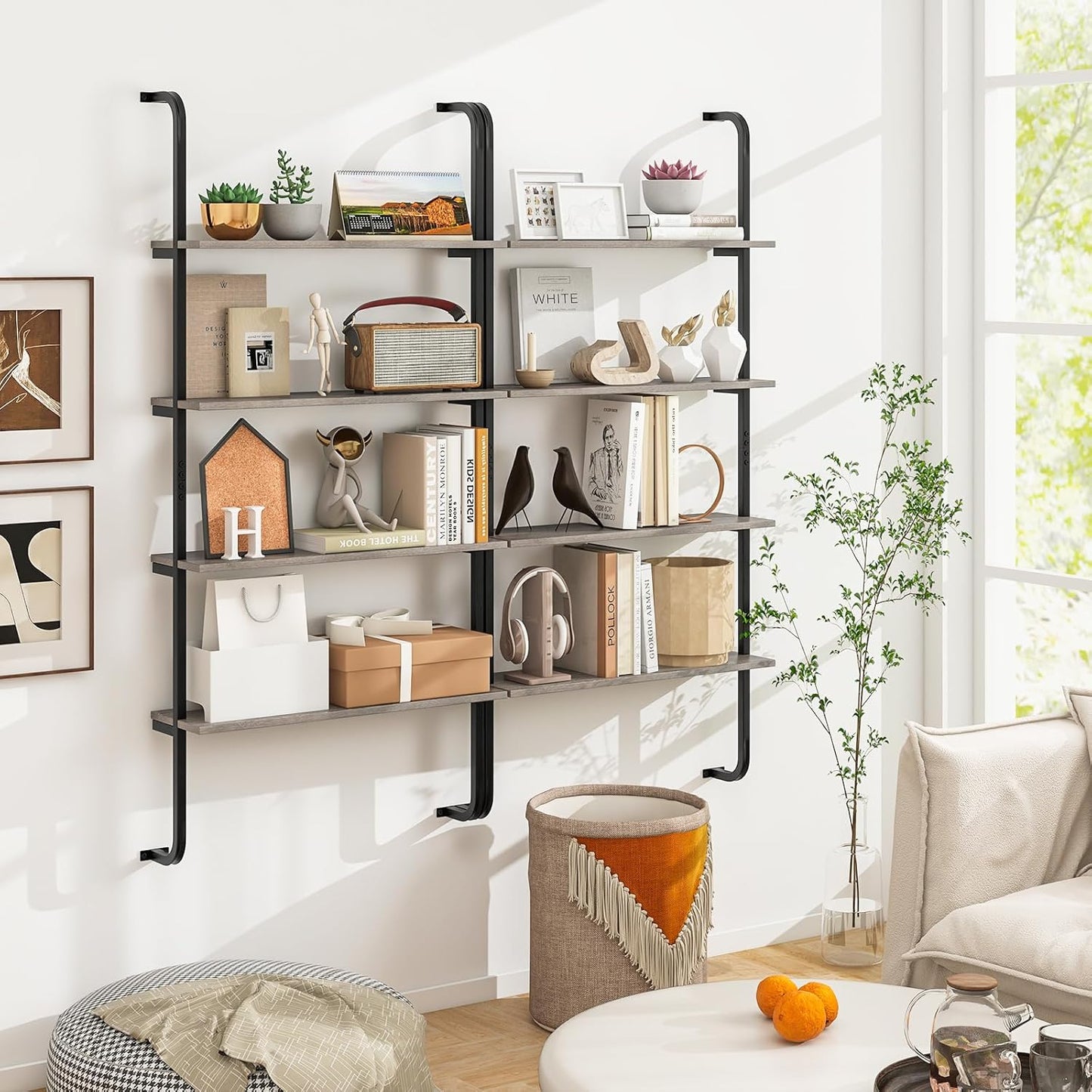 Giantex 4-Tier Industrial Bookshelf of 2, Wall Mounted Pipe Shelving Unit, Floating Shelves with Metal Frame, Hanging Wall Display Shelf, Wood Ladder Bookshelf for Living Room, Kitchen,Gray Oak