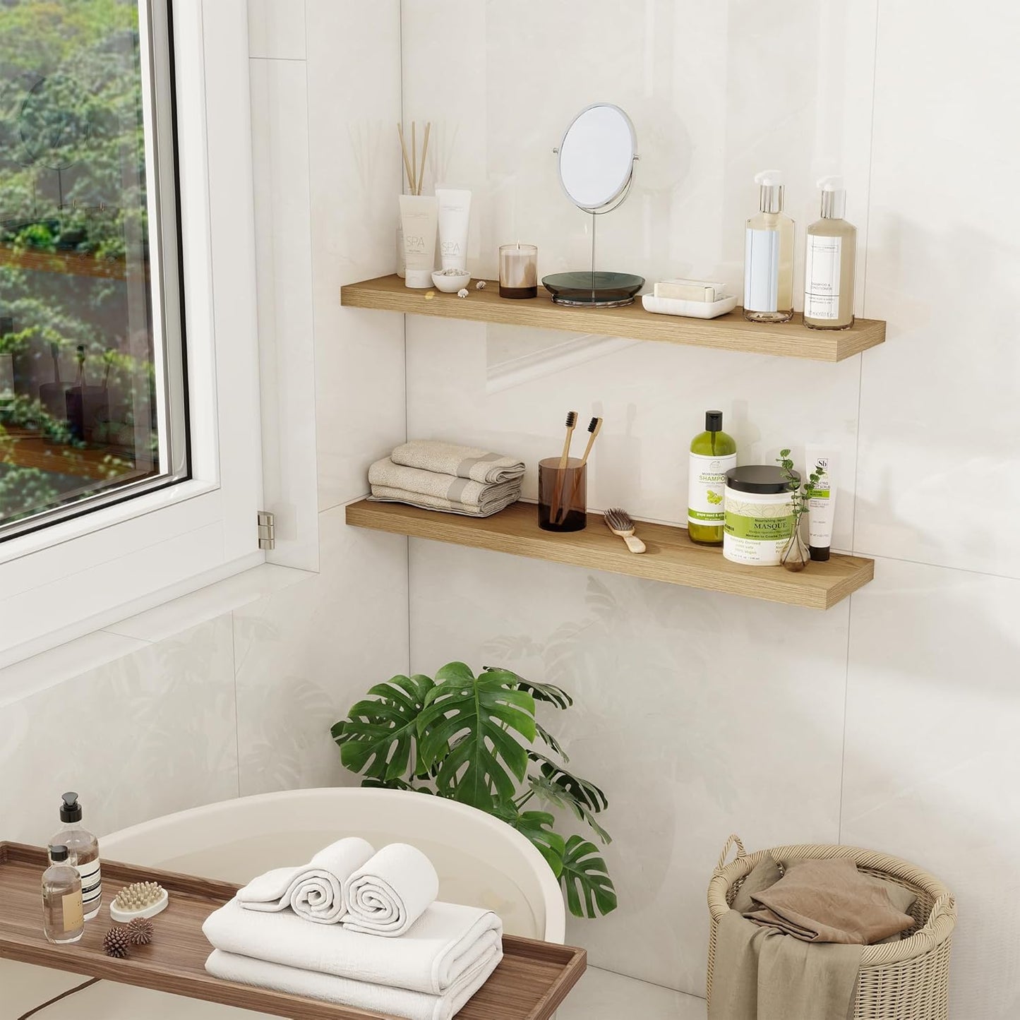 Fun Memories Floating Shelves for Wall, 32" Rustic Wood Deep Wall Mounted Shelves with Invisible Brackets for Decor & Storage, Floating Shelf for Living Room, Bathroom (Oak, Set of 2)