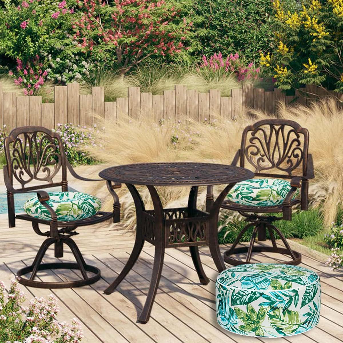 FUNHOME Inflatable Outdoor Ottoman with Air Pump,20"x9" Portable Patio Pouf,Water Resistant,Fade-Resistant,Round Blow Up Footrest Stools for Home Garden Camping Travel(Palm Leaf)