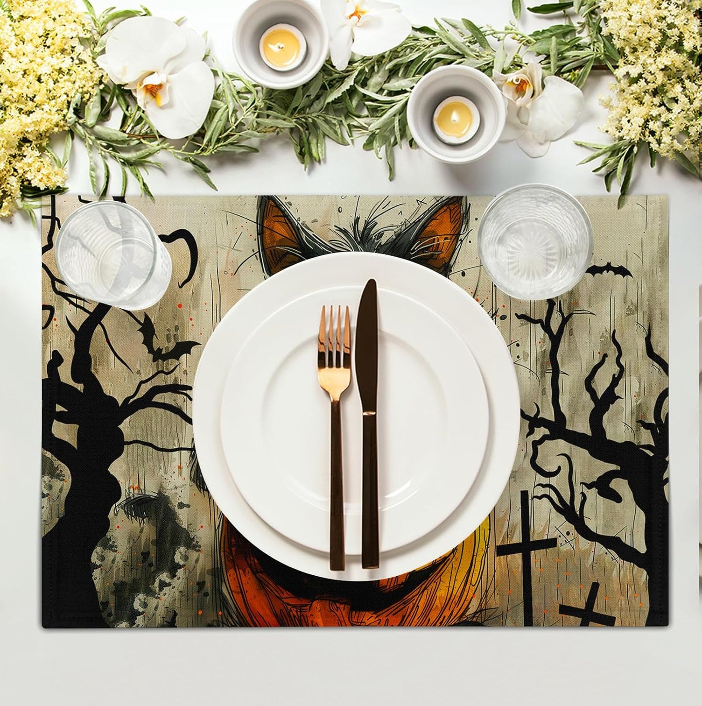 Halloween Black Cat Pumpkin 12x18 Placemats Set of 4 Happy Halloween Bat Branch Linen Table Place Mat Seasonal Fall Washable Heat Resistant Non Slip Table Placemats for Party Kitchen Dining Decor