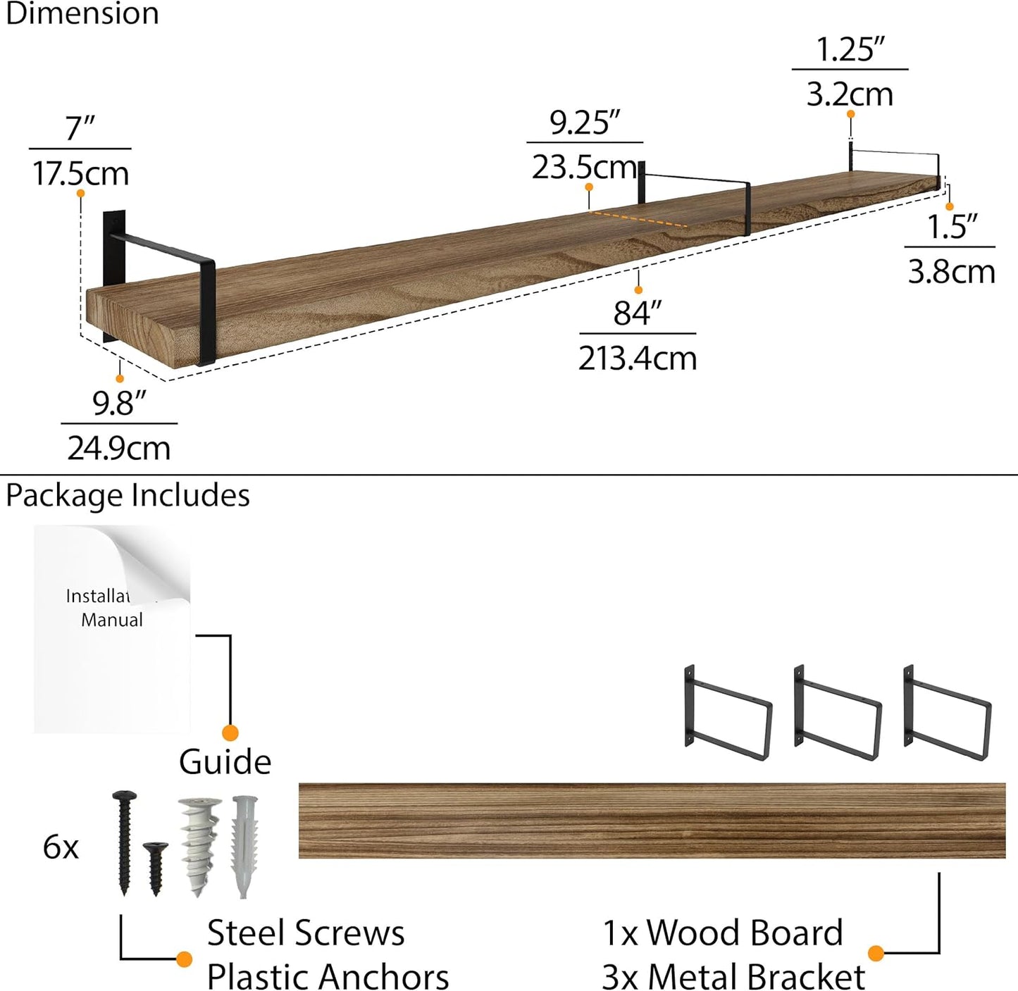 Wallniture Toledo 84 inch Floating Shelf with Heavy Duty Bookend Brackets, Wooden Shelves for Wall, 1pc, Burnt Finish