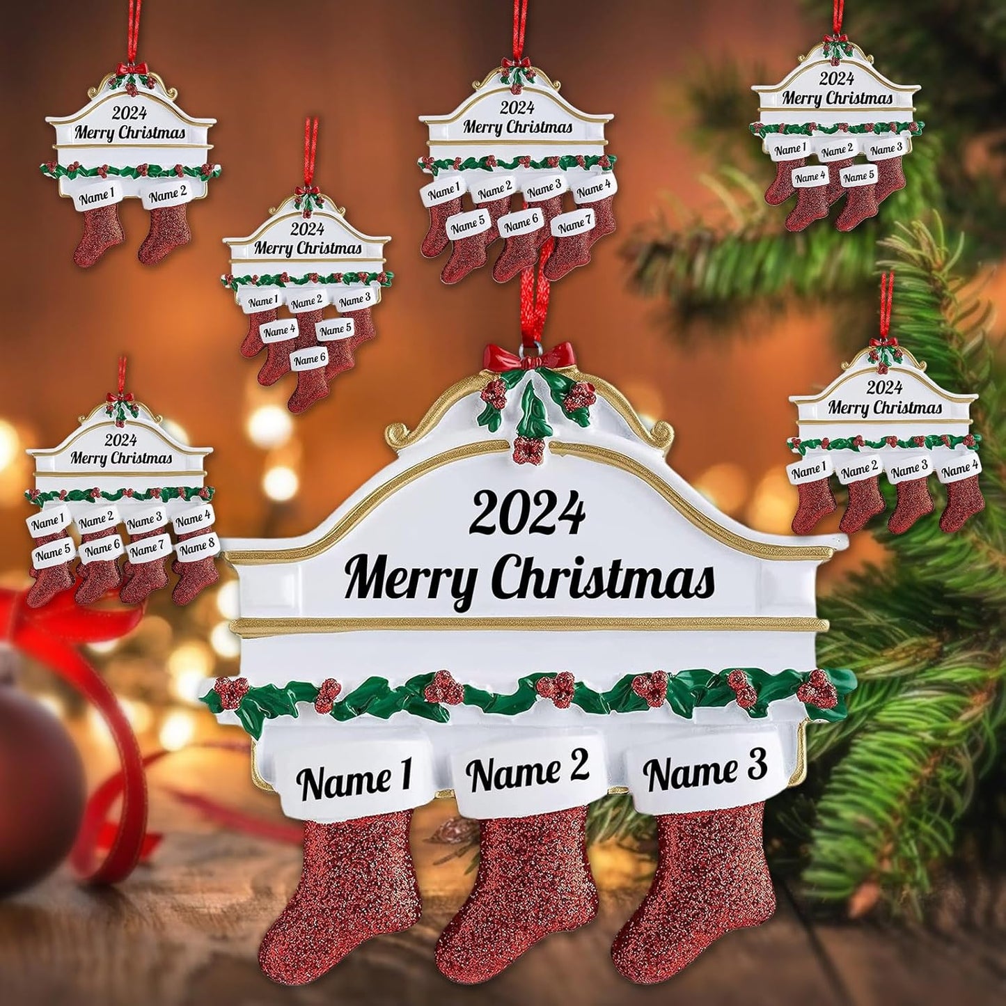 Personalized Christmas Ornaments Family of 2,3,4,5,6,7,8 Custom Christmas Stocking Ornaments with Names, Customized Xmas Day Home Christmas Tree Decora- Family of 3