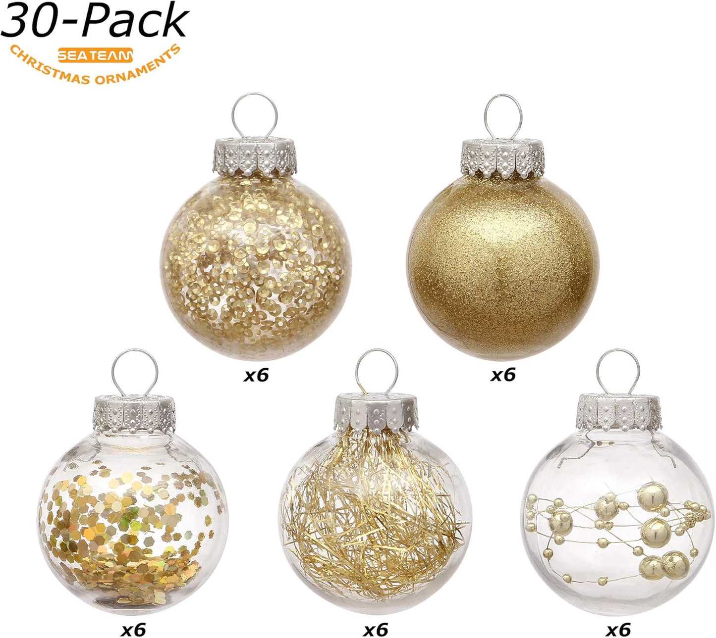 Sea Team 50mm/1.97" Shatterproof Clear Plastic Christmas Tree Ball Ornaments Set, Decorative Hanging Transparent Xmas Baubles with Stuffed Delicate Decorations (30 Counts, Gold)