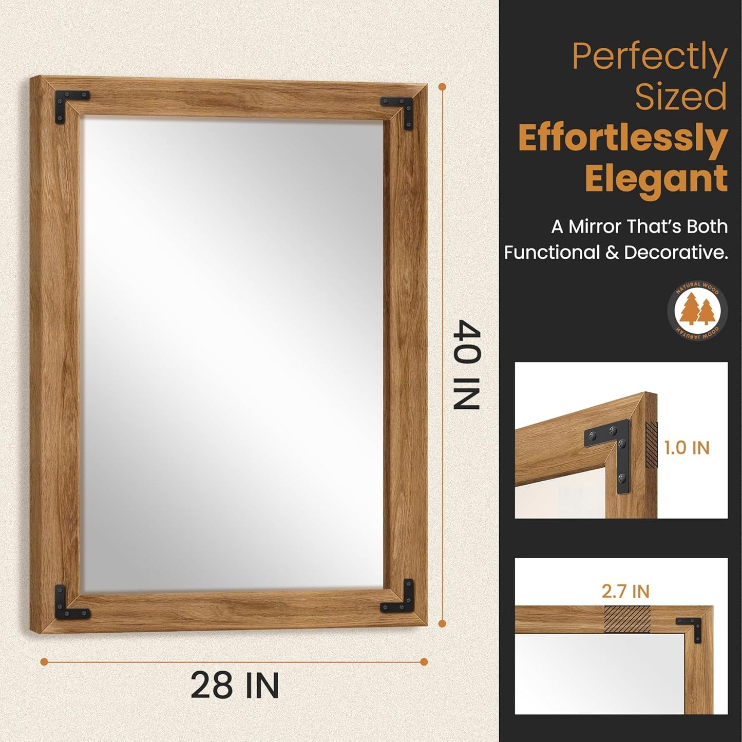 Full Length Mirror with Wooden Frame, 40"X28" Solid Wood Standing Floor Mirror for Farmhouse, Bathroom, Bedroom Decor, Hanging or Leaning Wall-Mounted