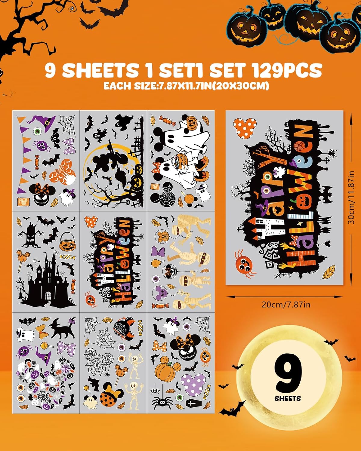 Halloween Window Clings - 9 Sheets 129 Pcs Cute Happy Halloween Window Decorations Indoor for Home Party Eyes Pumpkin Ghost Bats Stickers for Glass Double-Sided Removable Static Glass Decals