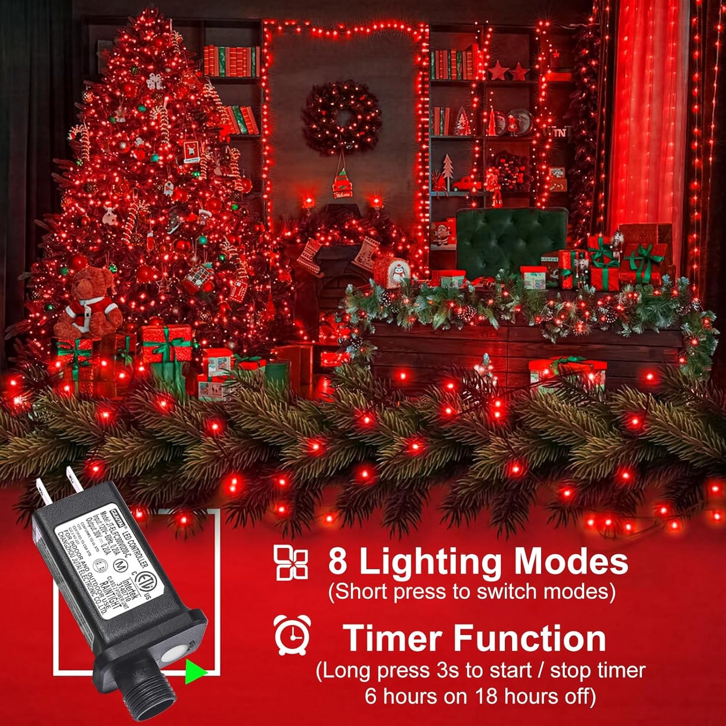 100FT 300 LED Christmas Lights Outdoor, Plug in Christmas Tree Lights with 8 Modes Waterproof, Plug in Green Wire String Twinkle Lights for Indoor Patio Wedding Party Decorations, Red