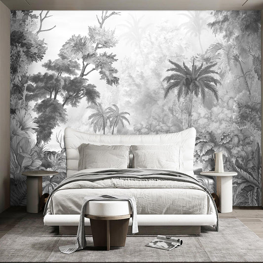 Grey Tropical Rainforest Plant wallpeper Living Room Bedroom Jungle Botanical Wall Mural - 137"x96"（Not Peel and Stick）