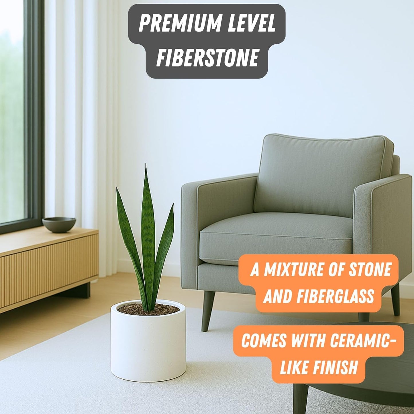 Fox & Fern 8 Inch Plant Pot with Drainage Plug — Premium Lightweight Fiberstone Matte White Planter; Indoor & Outdoor Planter; 8 Inch Pots for Plants; Weather Resistant & UV Resistant