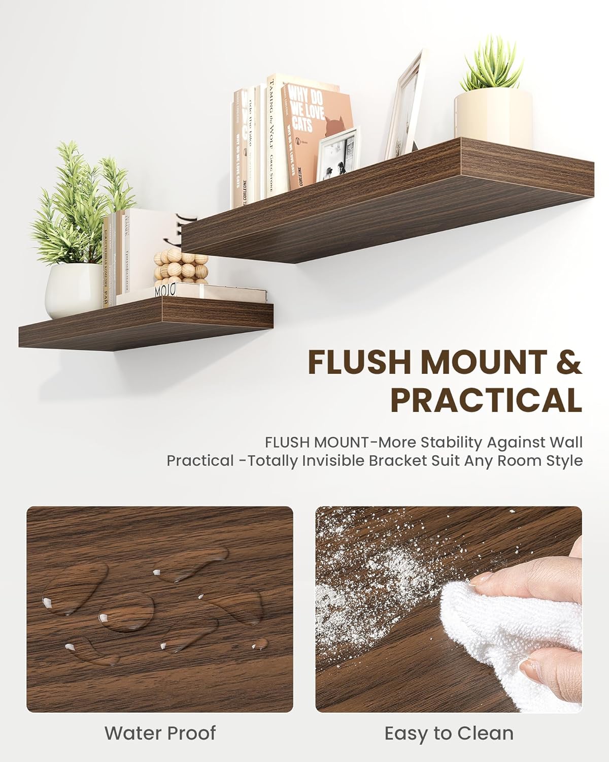 Marsmiles 24" Floating Shelves for Wall, Wooden Shelves with Invisible Brackets Set of 2, Rustic Farmhouse Wall Mounted Shelf for Kitchen Bathroom Living Room Study, Walnut