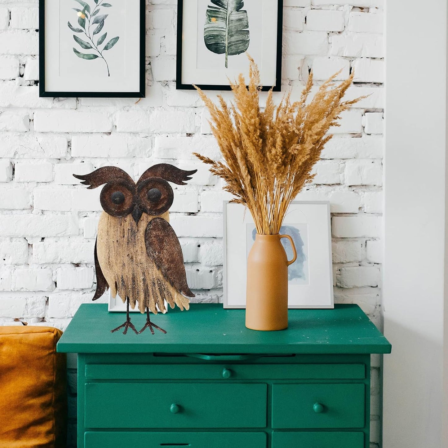 E-view Rustic Owl Figurines Decor Animal Statue for Home-Wooden Stand Owl Sculptures Decorations for Living Room Bedroom-Shelf Decoration Decorative Tabletop Collection(Owl B)