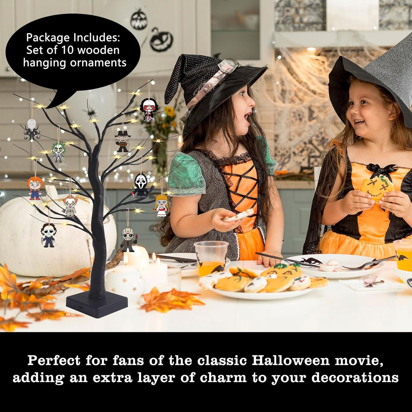 Black Halloween Tree with LED Lights and Spooky Wooden Hanging Ornaments Horror Movie Ornaments, Light Up Halloween Decor