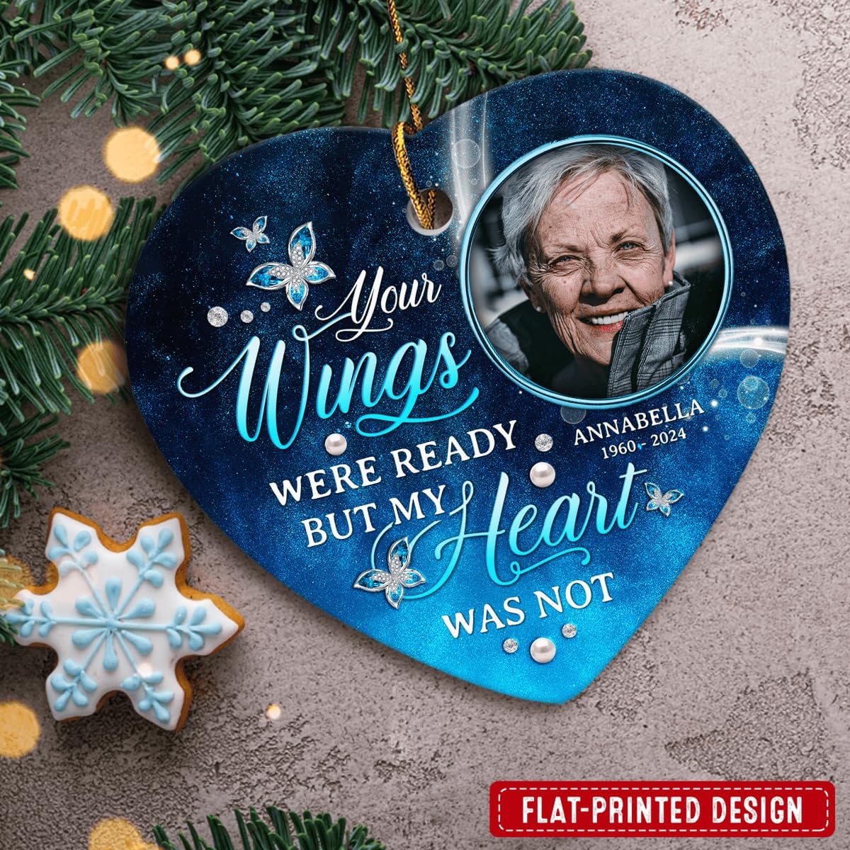 Personalized Memorial Ornaments with Photo Picture Your Wings were Ready But My Heart was Not Heart Shaped Ceramic Ornament Custom Pictures Heaven Keepsake Sympathy Gift Christmas Tree Décor