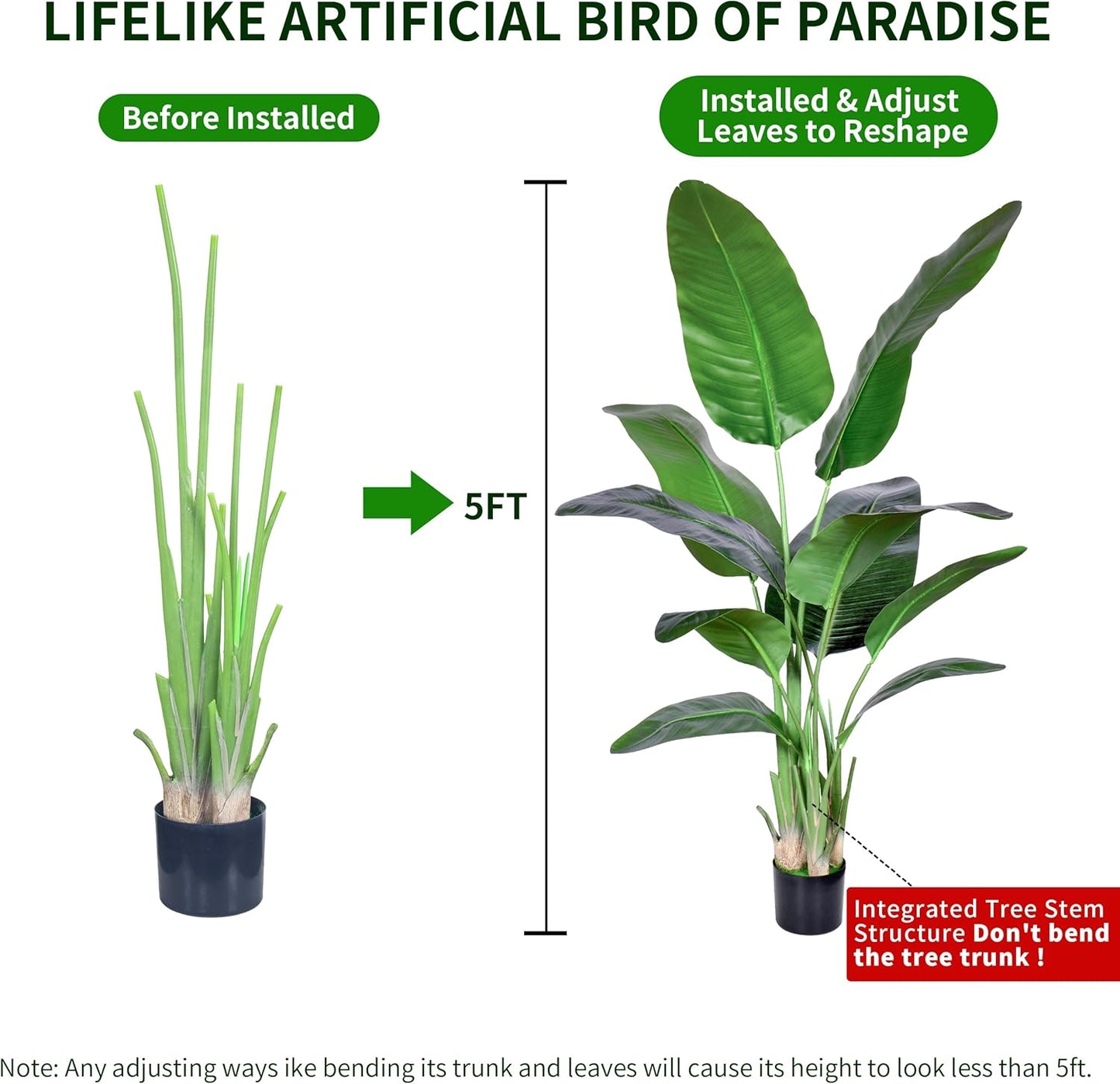 2Packs 5FT Artificial Bird of Paradise Plant,Faux Palm Tree Potted Plant with Real Touch Leaves,Fake Trees for Home Living Room Office Indoor Outdoor Decor(5 FT-2Packs)