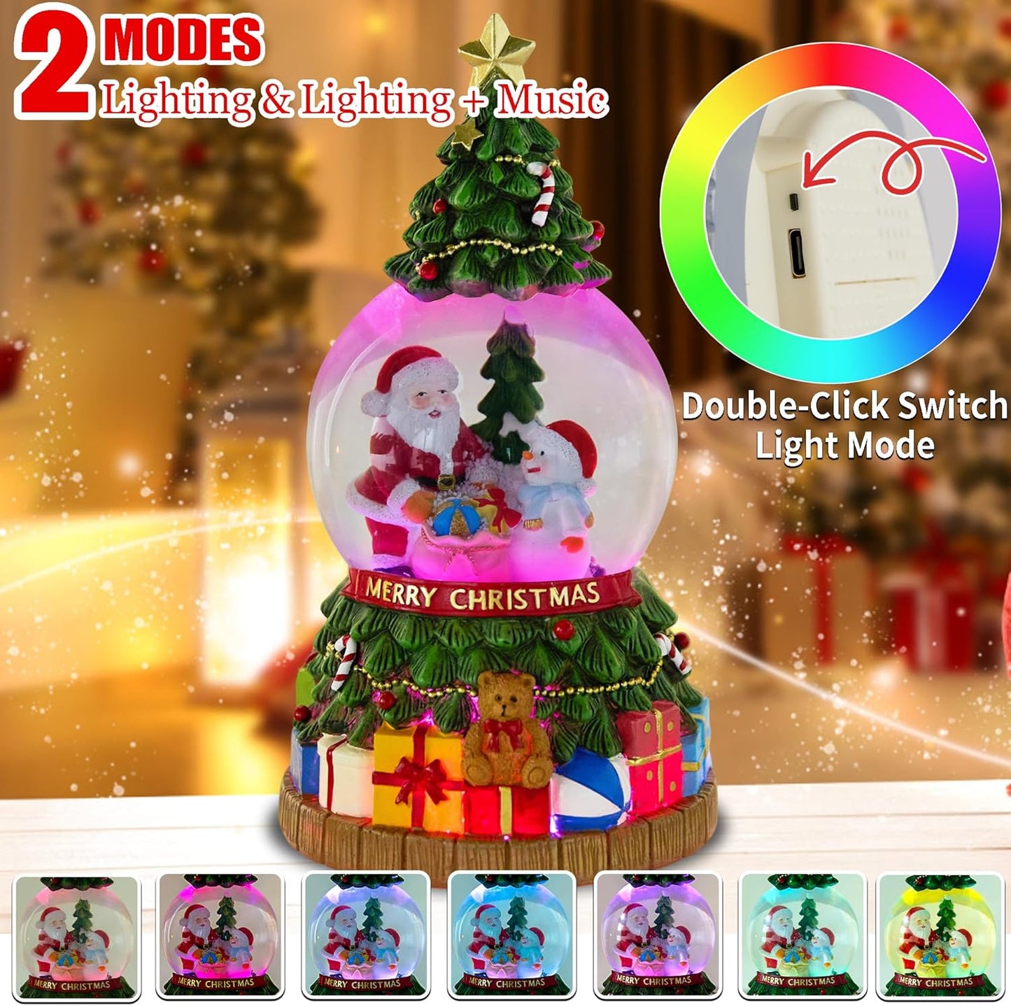 Musical Christmas Snow Globes Lantern with Christmas Tree, Santa Claus and Snowman, Glittering Lights & Snowfall - USB & Battery Powered Holiday Decor Gift for Home, Party, Family