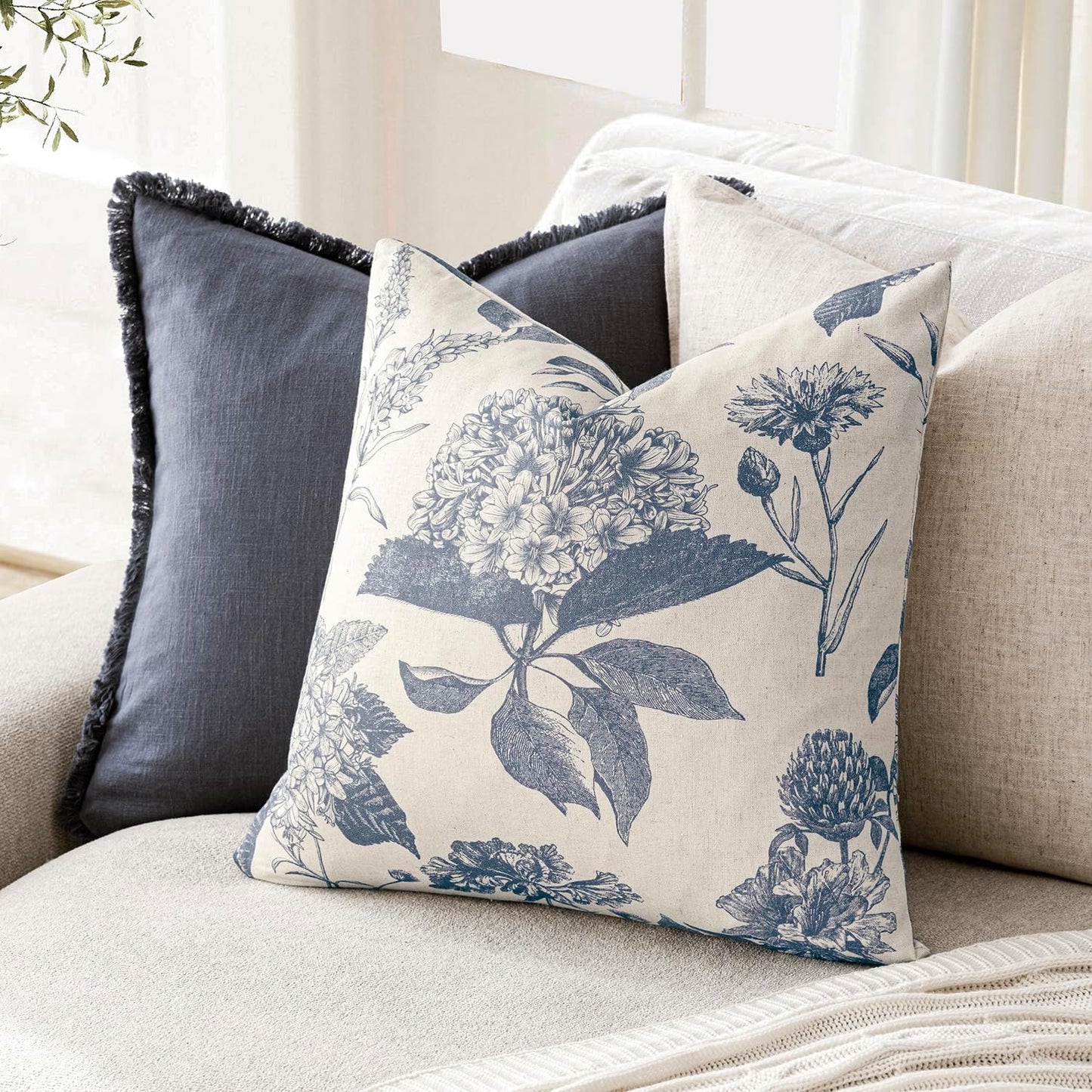Foindtower Set of 2 Linen Floral Vintage Throw Pillow Covers Neutral Accent Print Decorative Cushion Covers Farmhouse Boho Home Decor for Sofa Chair Couch Bedroom Living Room Outdoor,20×20 Inch,Blue