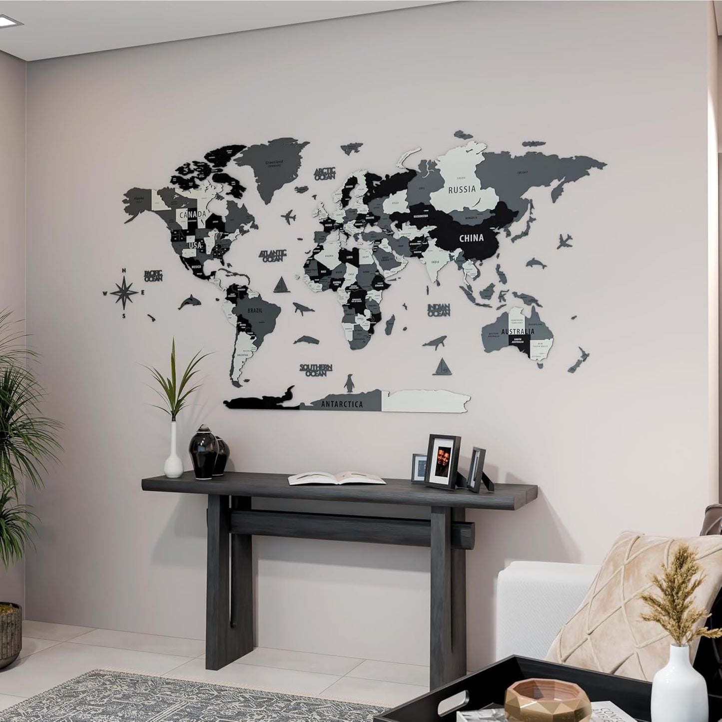 Colorfull Worlds 3D Wooden World Wall Art | Unique Wall Decor with Pins for Travel Enthusiasts | Home and Office Wall Décor | Grey | Large