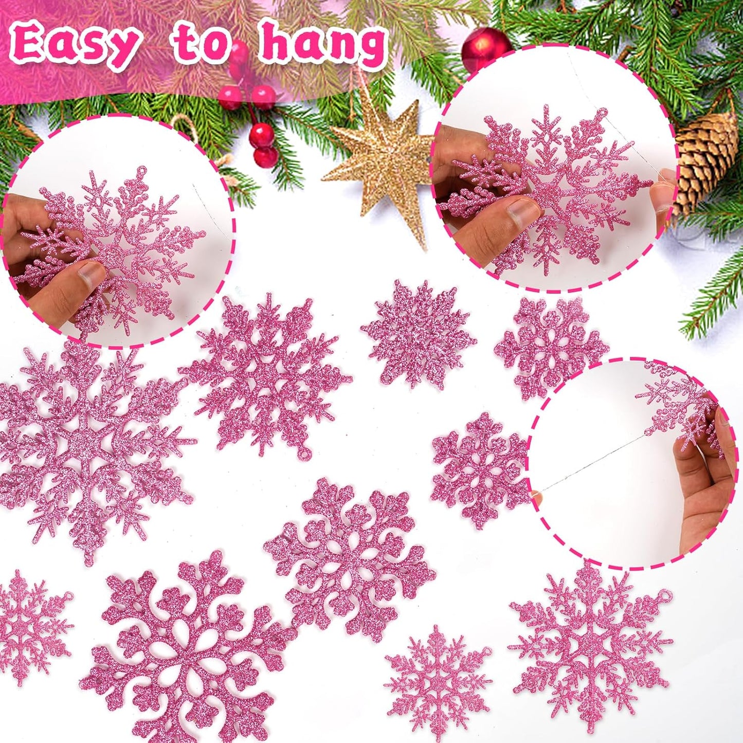 36pcs Christmas Light Pink Snowflake Ornaments Plastic Glitter Snow Flakes Ornaments for Winter Christmas Tree Decorations Size Varies Craft Snowflakes