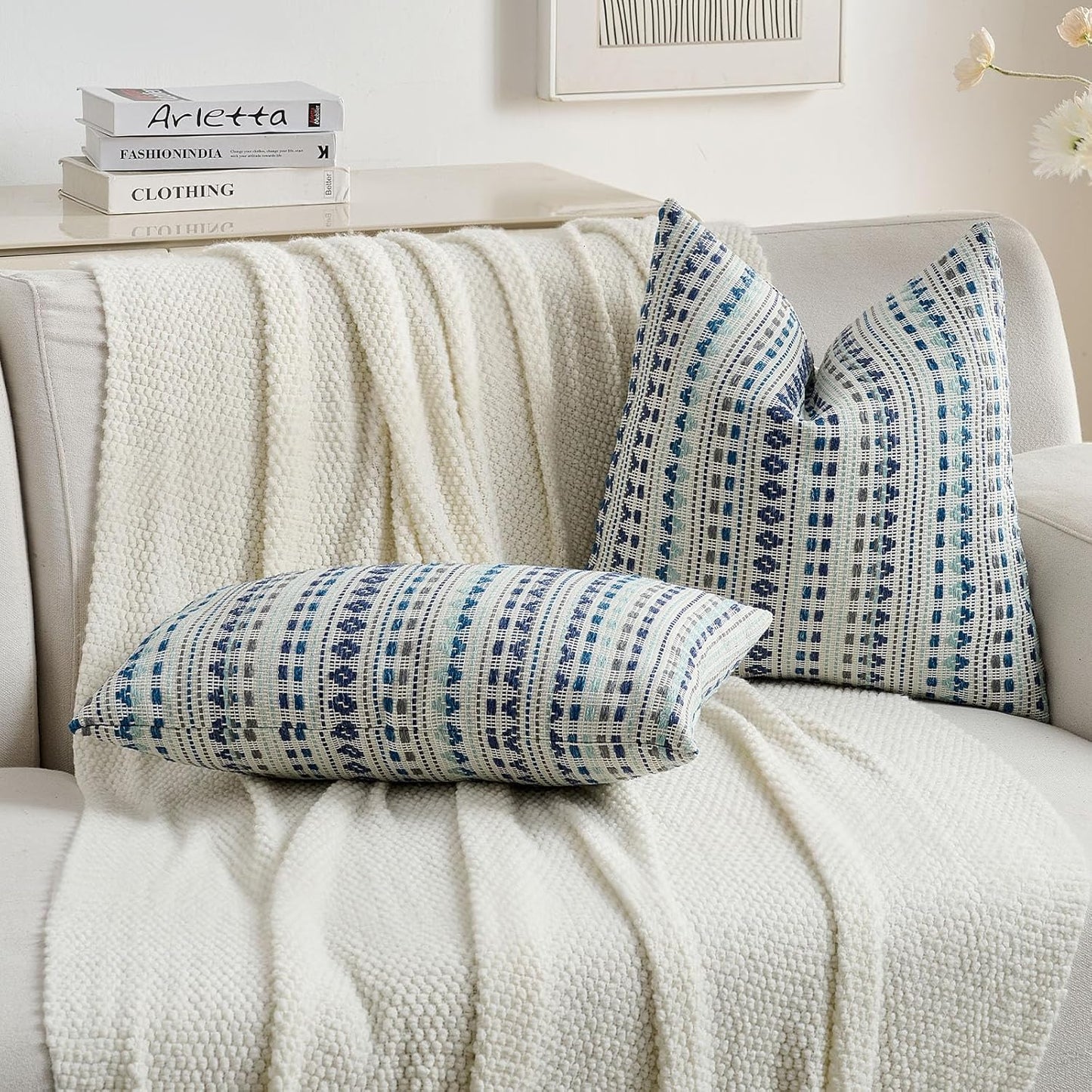 FUTEI Blue Grey Decorative Throw Pillow Covers 20x20 Inch Set of 2,Soft Cozy Chenille Jacquard Textured Cushion Case,Boho Home Decor for Couch Bed Living Room