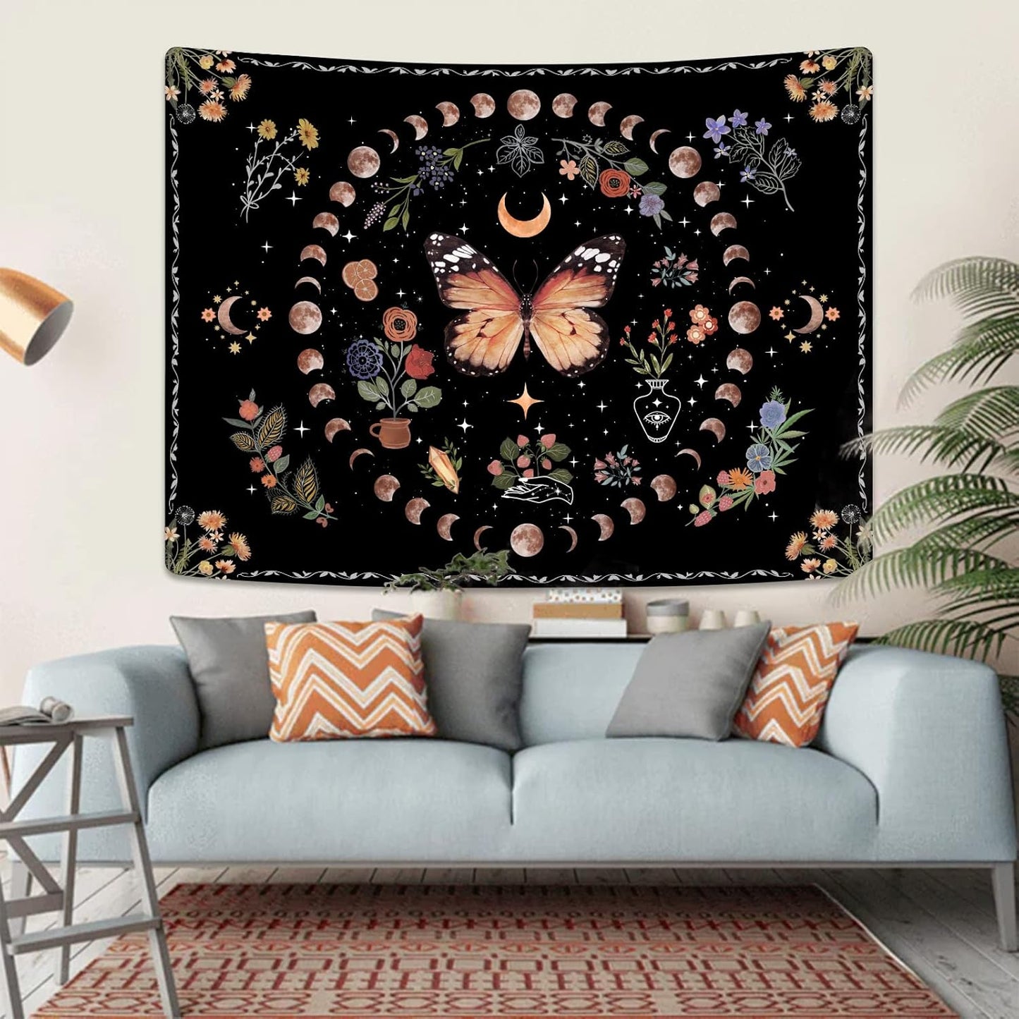 Fowocu Orange Butterfly Moon Flower Tapestry Boho Floral Plant Tapestries for Bedroom Aesthetic Tapastry's Wall Hanging Mandala Botanical Wall Tapestry for Living Room Dorm (Yellow, 80'' × 60'')