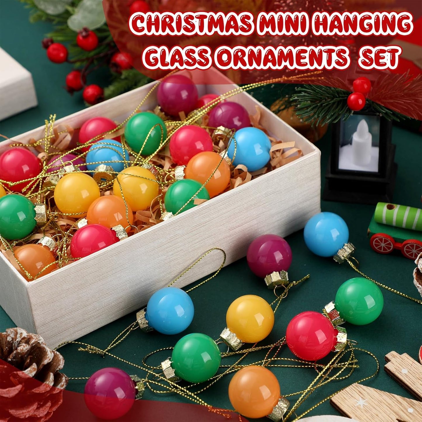 Tioncy 32 Pcs 1 Inch Mini Glass Christmas Ornaments Balls Shiny Christmas Balls Tiny Tree Hanging Decoration Small Colorful Ball Pendant for Xmas Party Supplies(Neon Color)