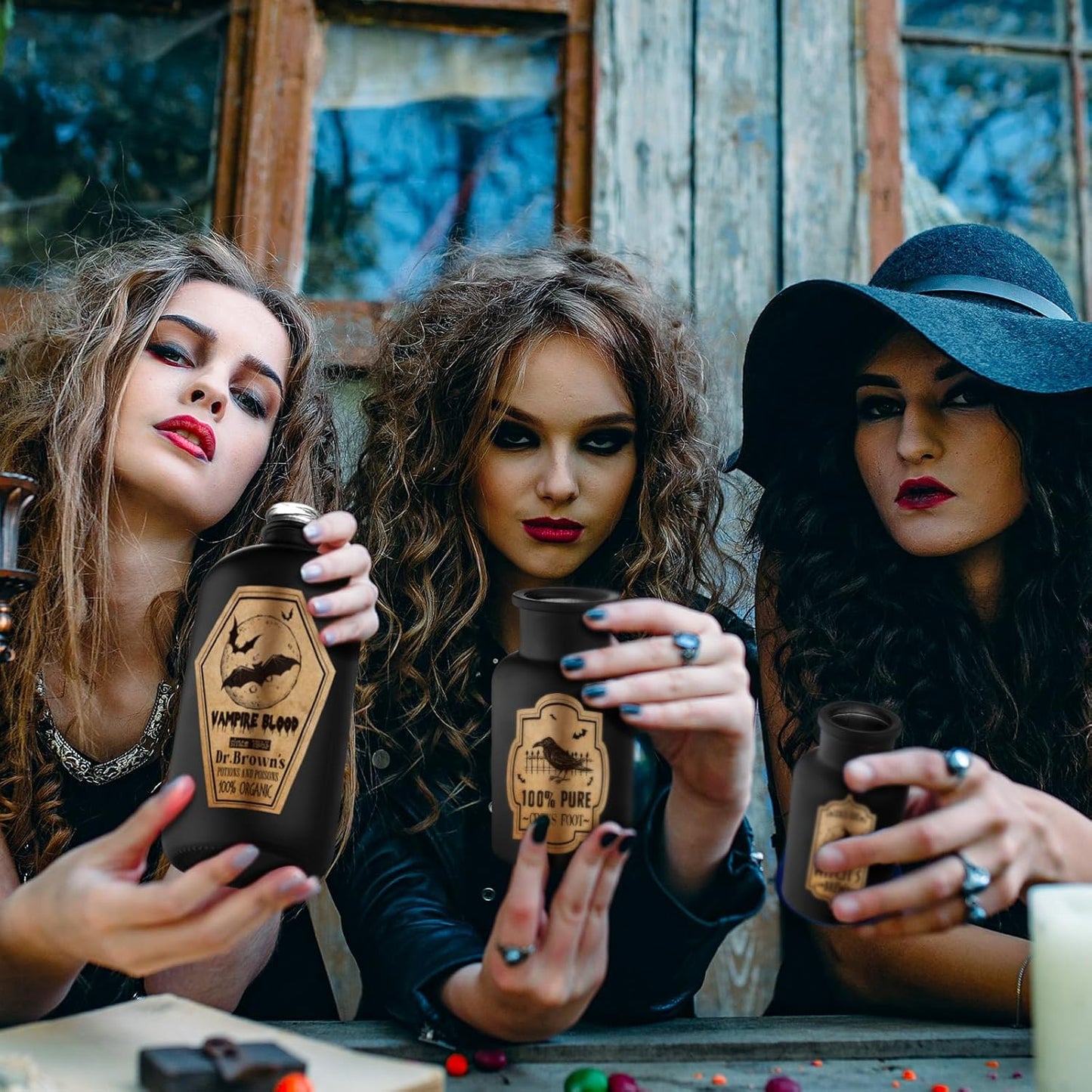 Umigy 3 Pcs Vintage Glass Potion Bottles with Cork Lid Black Halloween Tiered Tray Decoration 12 Apothecary Bottles Jars Stickers Labels Halloween Table Home Bathroom Decorations Indoor