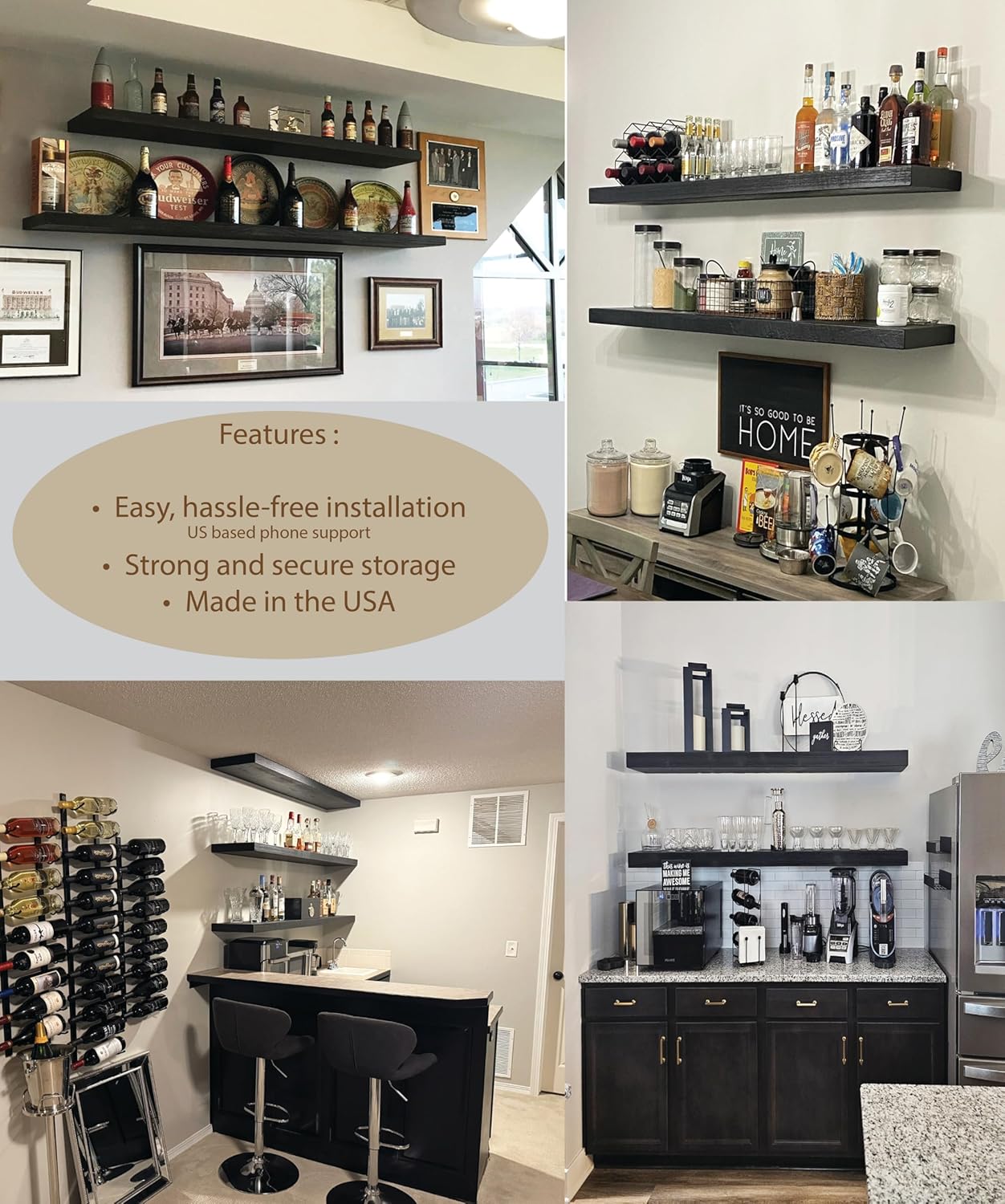 joelsantiques - 60 Inch Wooden Floating Shelves for Wall - 60x6x2 in - Made of Natural Wood - Long Heavy Duty Rustic Wall Shelves for Bedroom - Perfect for Living Room, Kitchen - Black