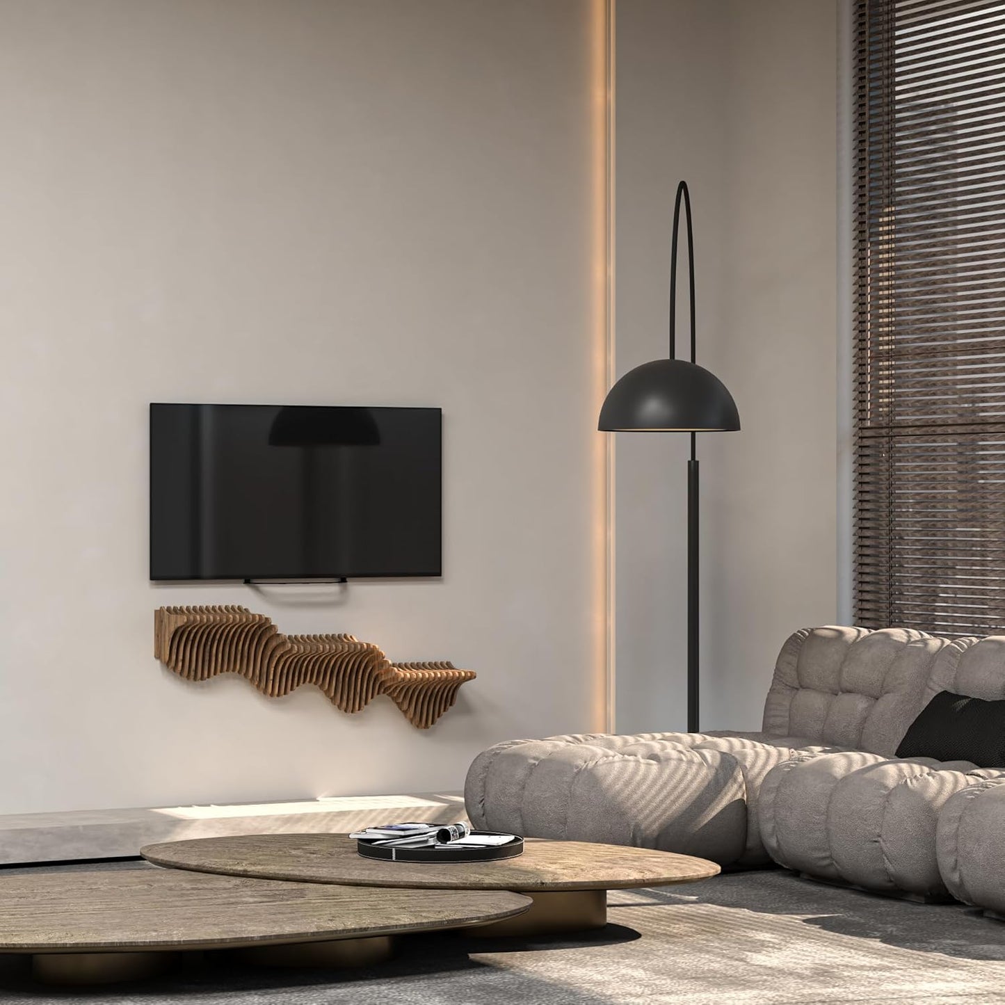 Parametric 40 inch Floating Shelf TV Unit Modern Geometric Wooden Wall Piece Decor Natural Oak Color 3D Wavy Living and Gaming Room Shelf