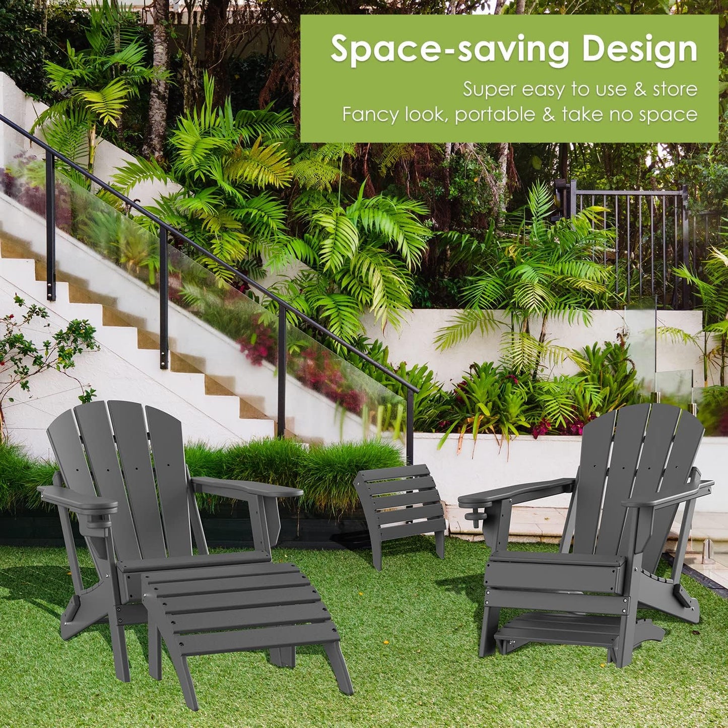 GREENVINES Adirondack-Ottoman | Set of 2 | HDPE Plastic | Outdoor Footrest | All Weather | Foot Rest | Foot Stool | Grey | for Adirondack Chair | for Patio Backyard Pool