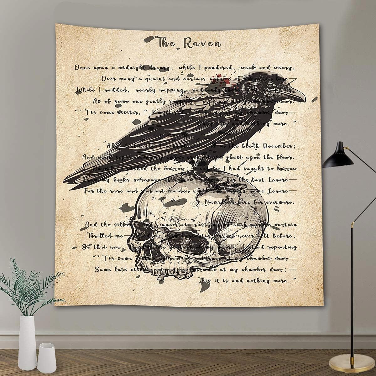 Gothic Skull and Raven Dictionary Tapestry The Raven Wall Tapestry Edgar Allan Poe Rustic Home Room Mural Posters 51x60 Inches for Living Room Bedroom Home Dorm GTQQAY1543