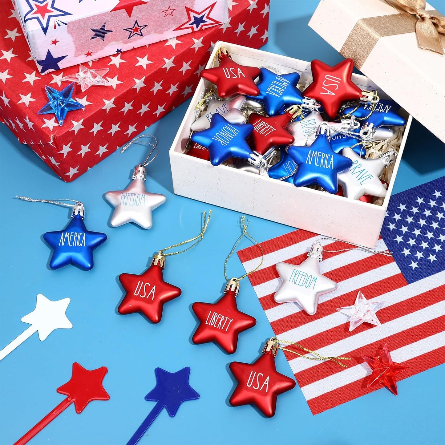 JULMELON 24Pcs 4th of July Patriotic Hanging Star Ornaments for Tree, Independence Day Memorial Day Labor Day Hanging Small Star Decorations for Home Party Christmas Tree Decor, Blue Red and Silver