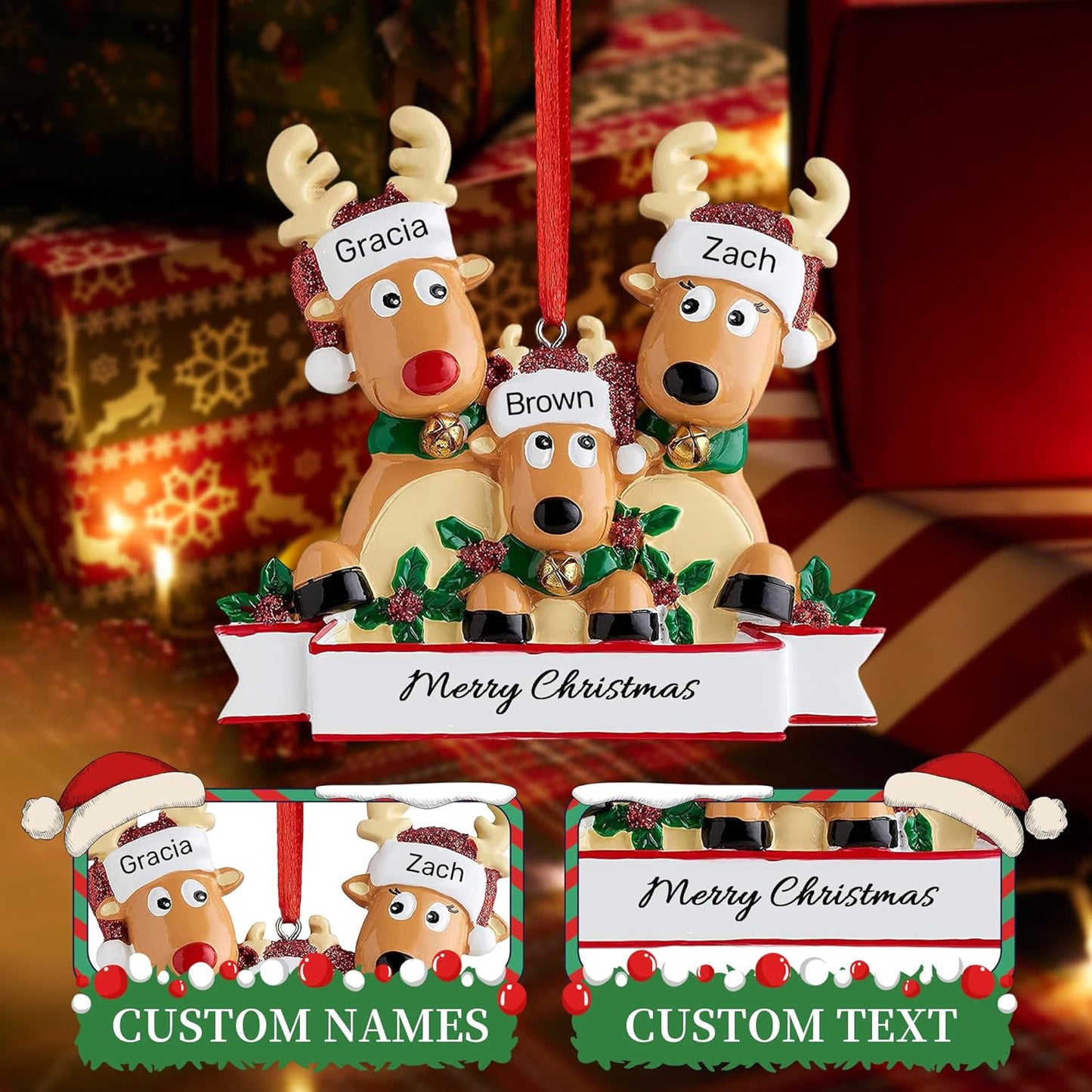 Personalized Christmas Ornaments 2025, Custom Reindeer Family Ornaments for Trees with Names, Handcrafted Christmas Deer Decorations for 2-8 Members, Meaningful Xmas Family of 3