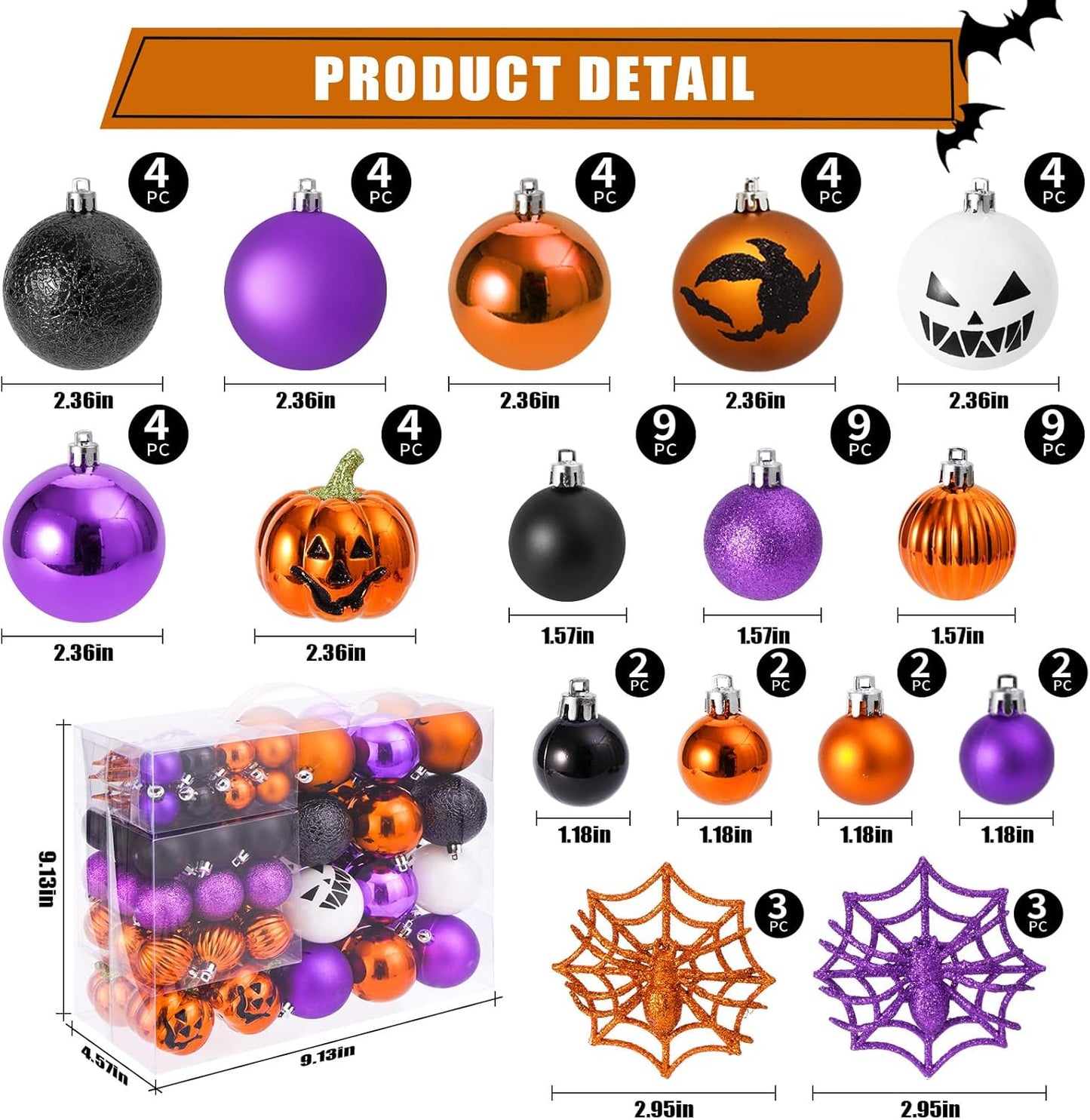 69pcs Halloween Ball Ornaments Set, Shatterproof Decorative Hanging Ornaments Set for Small Tree, Cute Balls for Home Indoor/Outdoor Halloween Party Holiday Decor