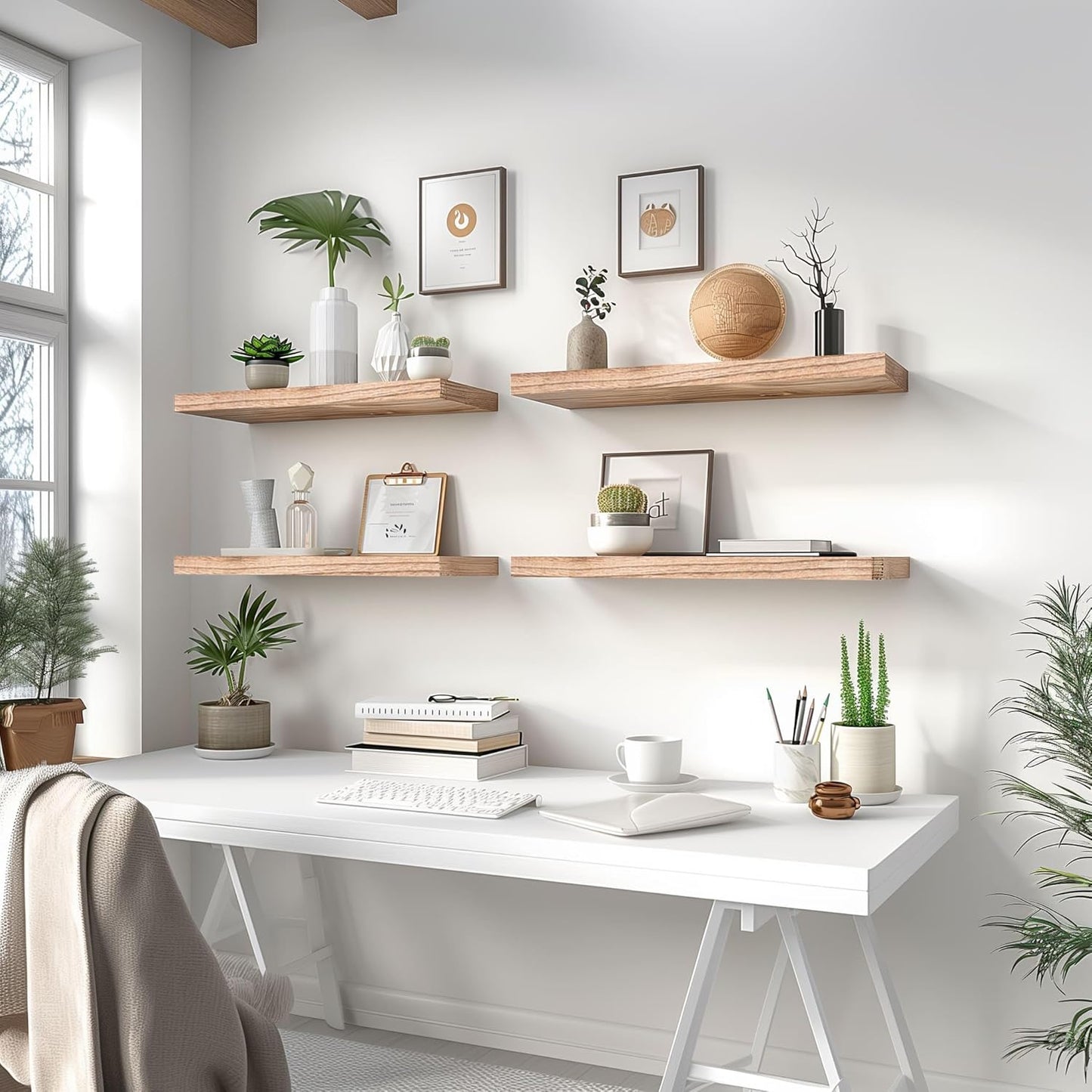 Wood Floating Shelves for Wall Decor, Rustic Wall Shelves for Bedroom Bathroom Kitchen Living Room, Set of 6 Light Walnut