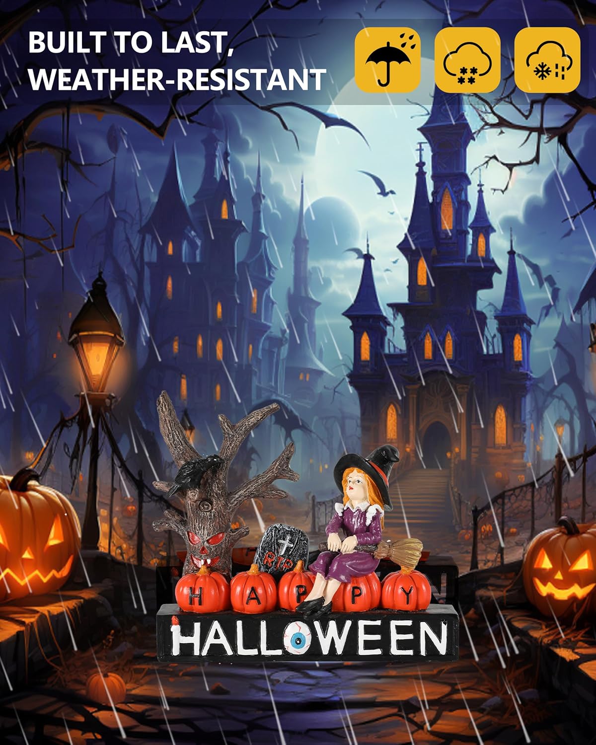 Halloween Decorations Indoor 7.8'' Resin Monsters - Witch Pumpkins Black Crow Spooky Tree R.I.P Graveyard Tombstones with Decorative Happy Halloween Sign Figurines (Witch)