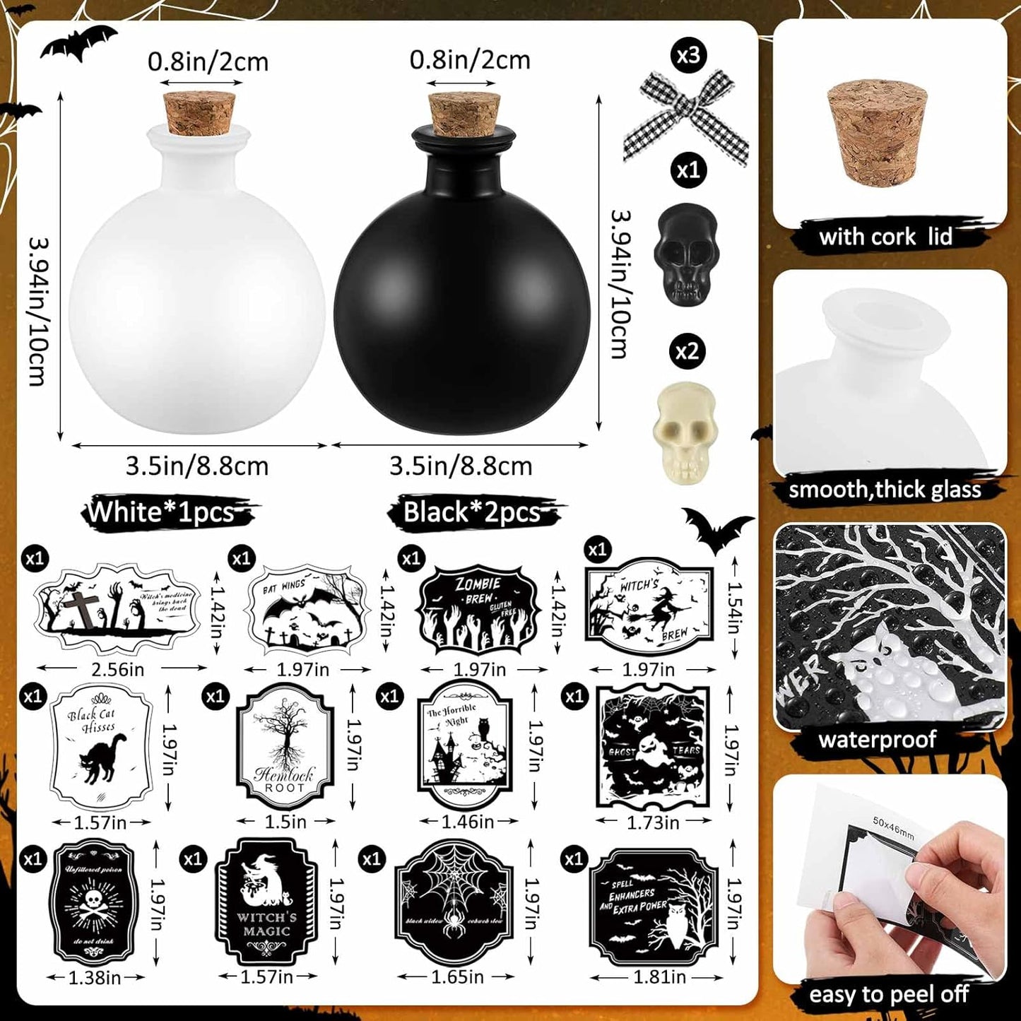 Tessco for you 3 Set Halloween Potion Bottles with Cork - Spherical Apothecary Glass Jars, 20 Gothic Labels(Ghost/Bat/Witch), Tiered Tray Decoration for Farmhouse Table, Home Indoor Halloween