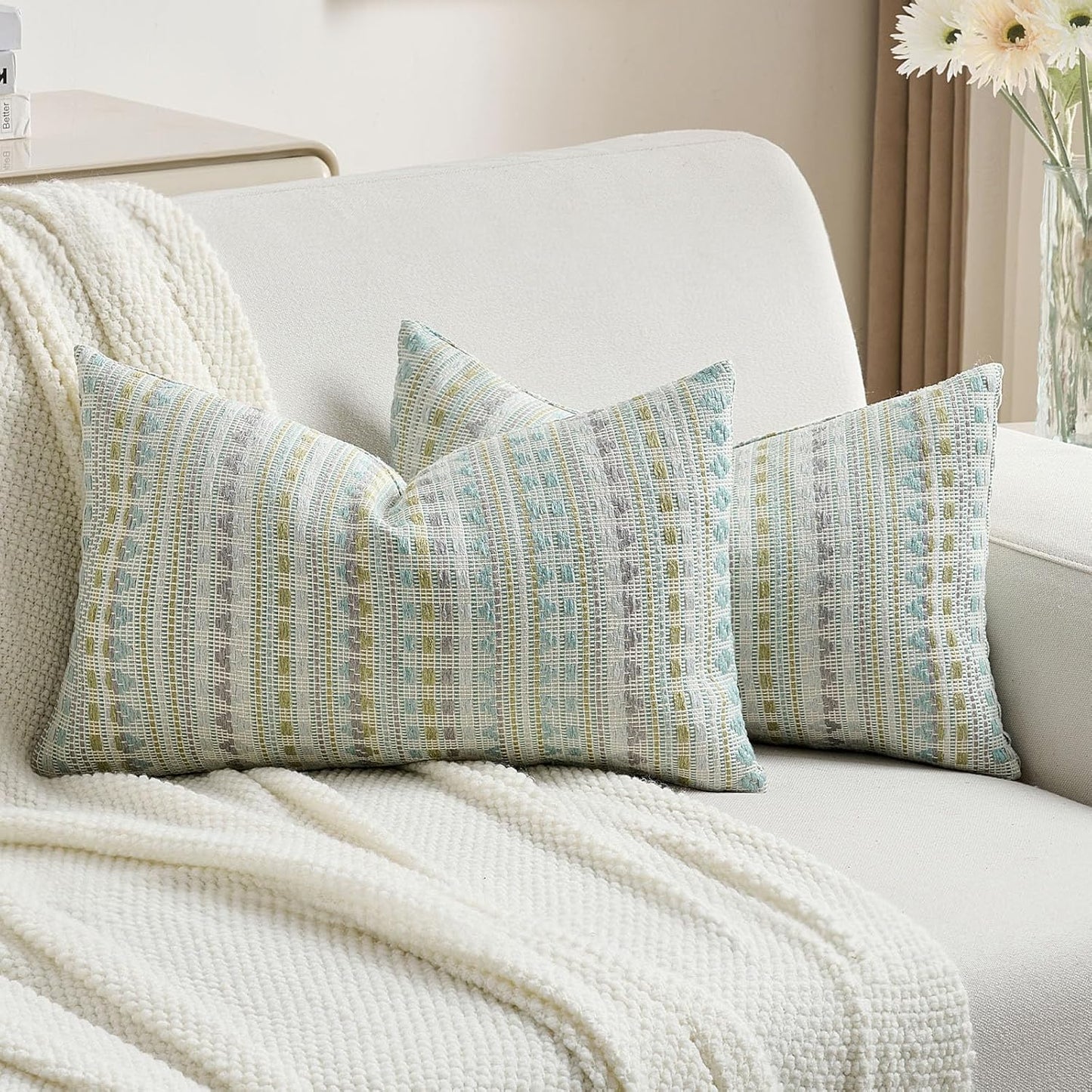 FUTEI Green Blue Decorative Throw Pillow Covers 12x20 Inch Set of 2,Soft Cozy Chenille Jacquard Textured Pillow Case,Boho Home Decor for Couch Bed Living Room