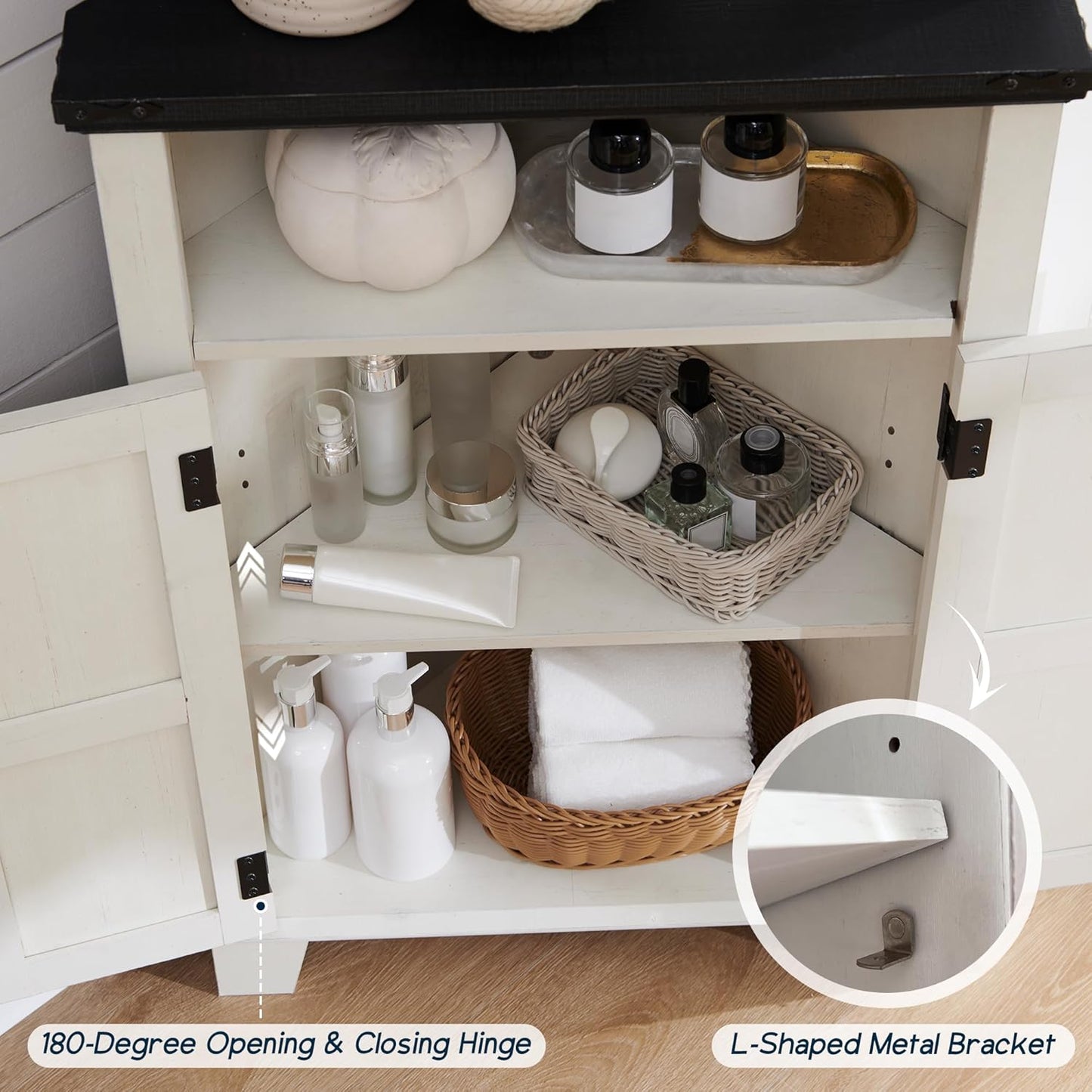 Corner Bathroom Cabinet, Farmhouse Small Corner Cabinet with Barn Door & Adjustable Shelf, Storage Cabinets for Bathroom, Kitchen, Living Room, Off White