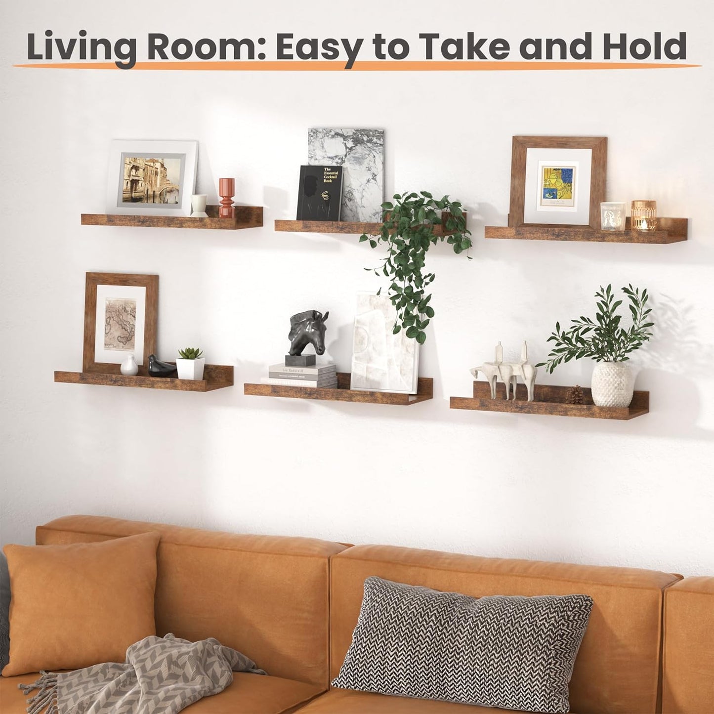 upsimples Floating Shelves for Wall, Wall Shelves for Decor Storage Set of 6, Wall Mounted Wood Shelf for Bedroom, Living Room, Bathroom, Kitchen, Picture Ledge Shelf, Brown