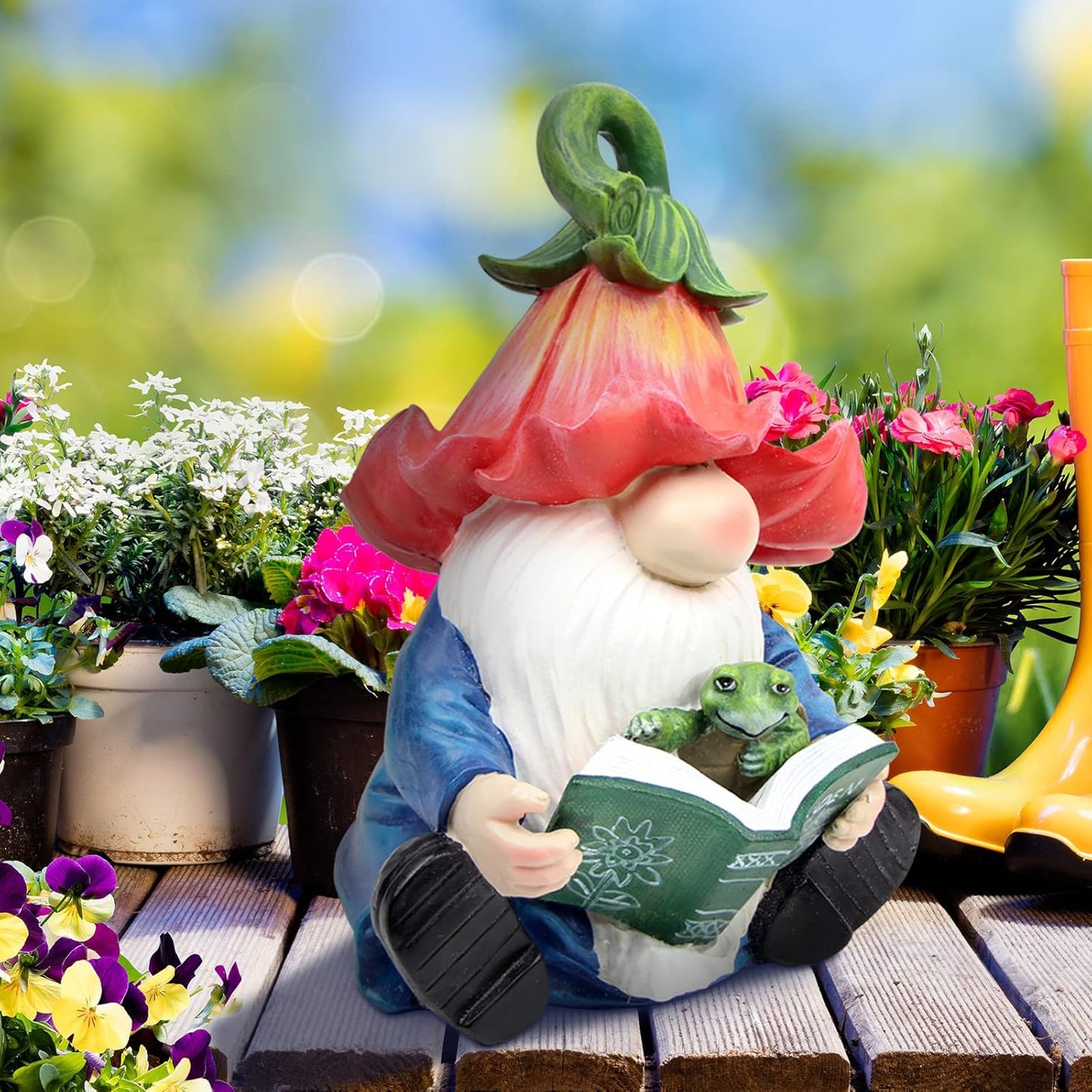 Garden Gnome Statue-Resin Gnome Figurine Hugging Turtle Reading Book with Solar LED Lights，Outdoor Summer Decorations for Patio Yard Lawn Porch,Garden Ornament Gift