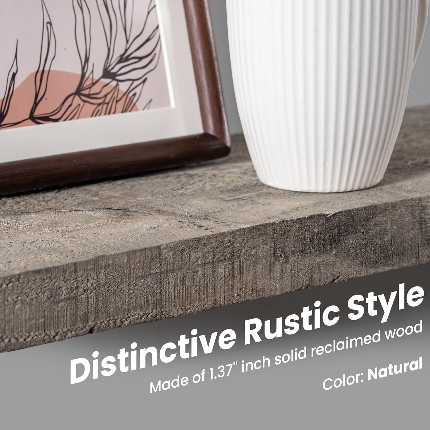 Floating Shelves, 8 Inch Deep Rustic Solid Reclaimed Wood Wall Shelves for Storage, Wall Mounted Display Shelving with Invisible Heavy-Duty Metal Bracket, 24 Inch Width Set of 2, Cement Grey