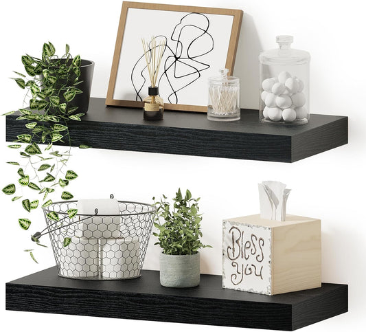 Black Floating Shelves for Wall, 16 inchs x 6.7” deep x 1.4” Wall Shelf for Bathroom Bedroom, Living Room, Kitchen, Office Home Decor, Narrow Wood Shelves with Invisible Brackets Set of 2