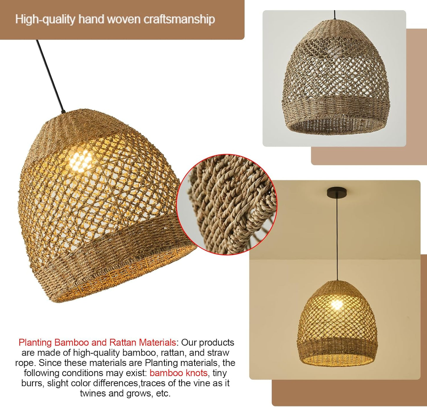 13.77" Rattan Pendant Light Rustic Hand-Woven Wicker Hanging Light 1-Light Water Plants Rattan Chandelier for Dining Living Bedroom Kitchen Farmhouse