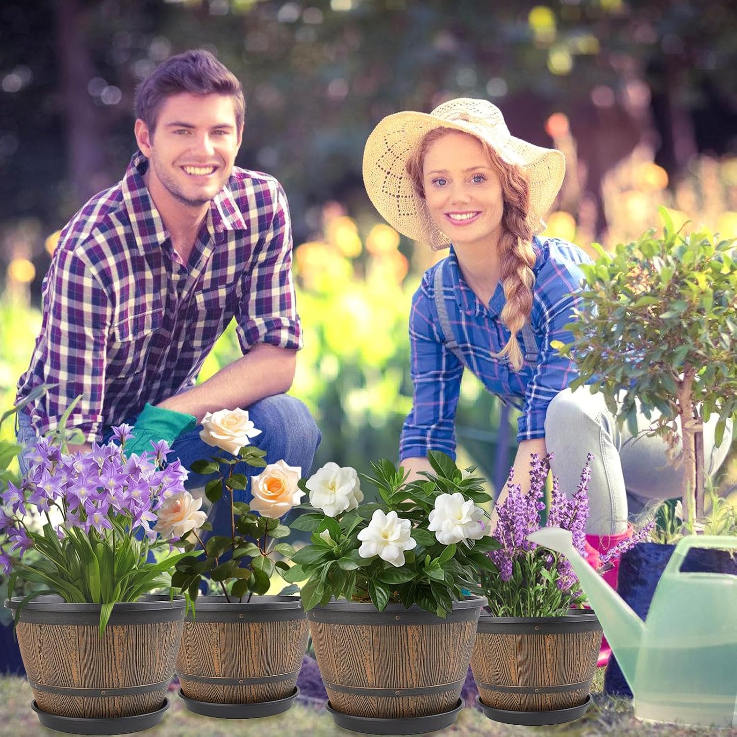 10-inch-Plant-Pots-Indoor-Outdoor, 4 Pack Whiskey Barrel Planters with Drainage Holes & Saucer, Plastic Flower Pots Imitation Wine Barrel Design, Decorative Garden Pots for Plants