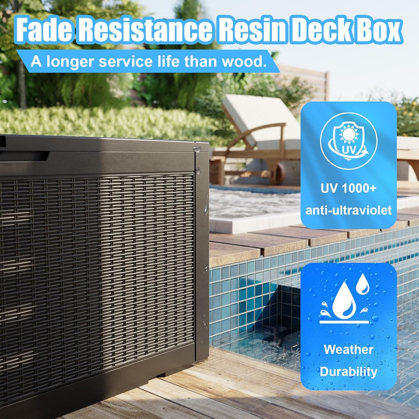 100 Gallon Deck Box,Resin Outdoor Storage Box with Lockable for Patio Furniture, Pool Accessories, Garden Tools Waterproof Outside Storage Box, Black