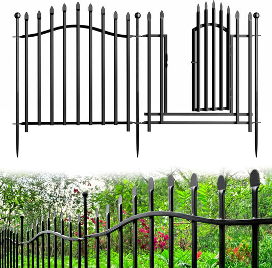 10 Panels No Dig Garden Decorative Fence with Gate - 24in H x 22.5ft L, Heavy-Duty Square Tube Animal Barrier, Rustproof Dog Fence for Outdoor Yard & Patio Protection