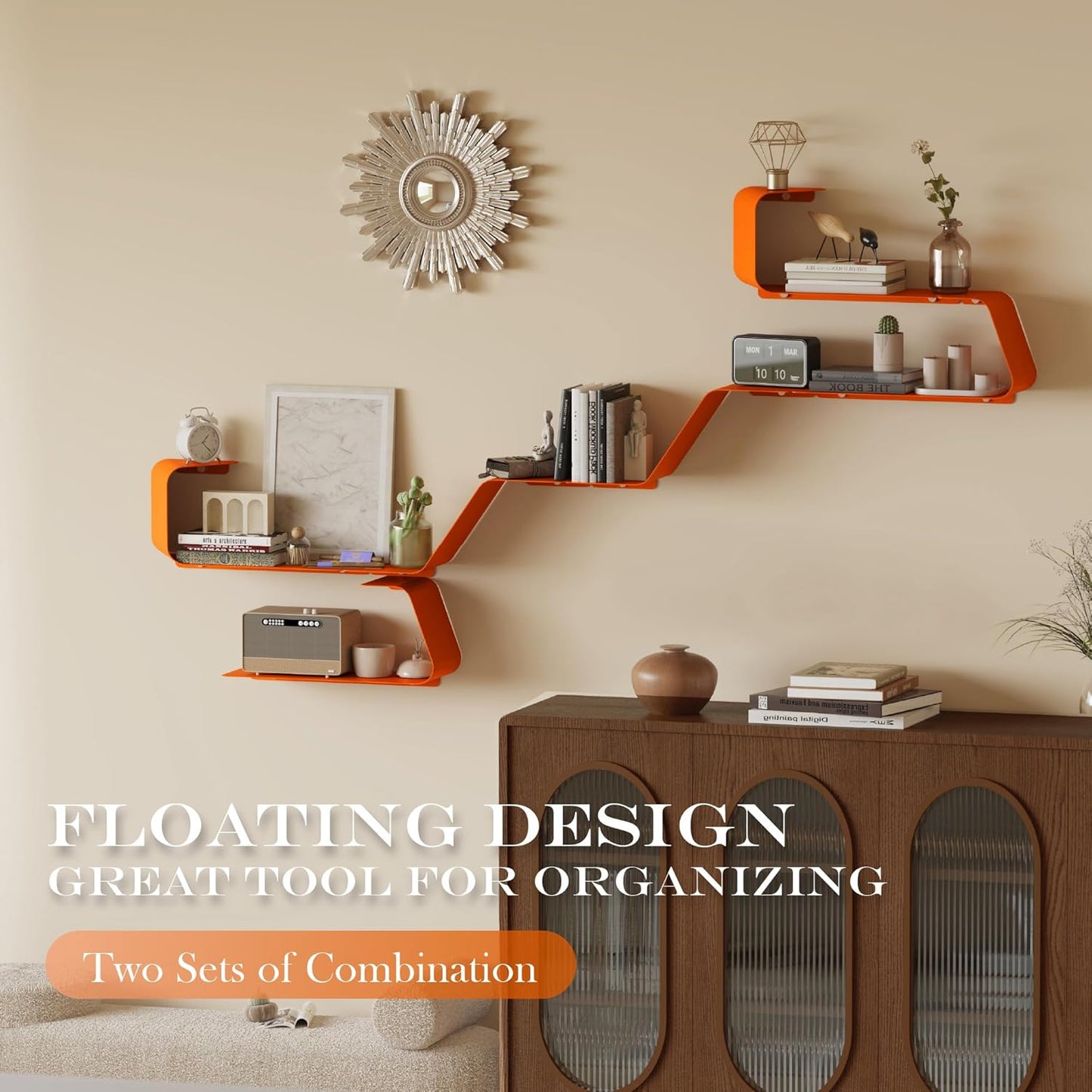 Floating Shelves, Wall Shelf, Set of 3 Wall Mounted Metal Shelves with Unique Design for Wall Storage, Book Shelf, Display Shelves for Bathroom Bedroom Kitchen Living Room for Home Orange