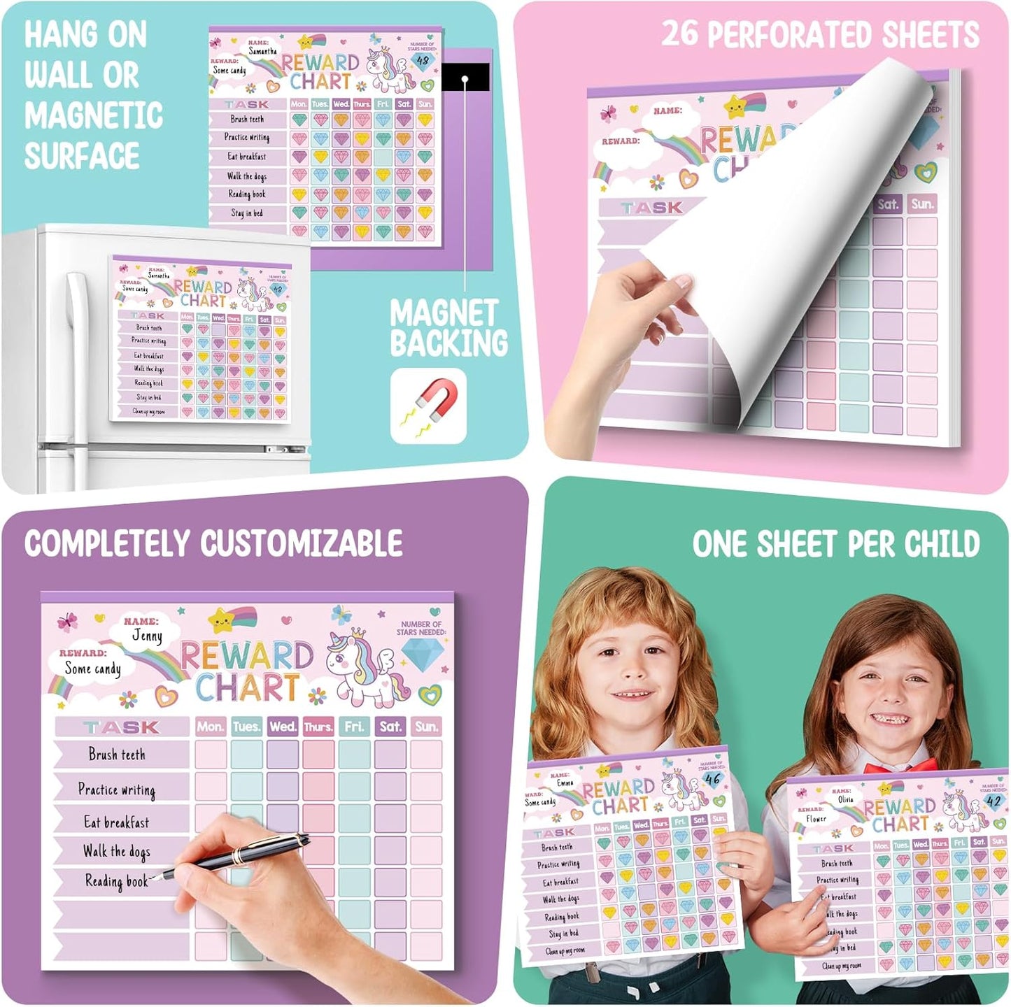 Reward Chart for Kids,Magnetic Behavior Chore Chart for Kids at Home,26 Little Hose Chore Charts,1960 Diamond Stickers,56 Reward Stickers,Incentive Chart to Develop Responsibility and Good Habits,Pink