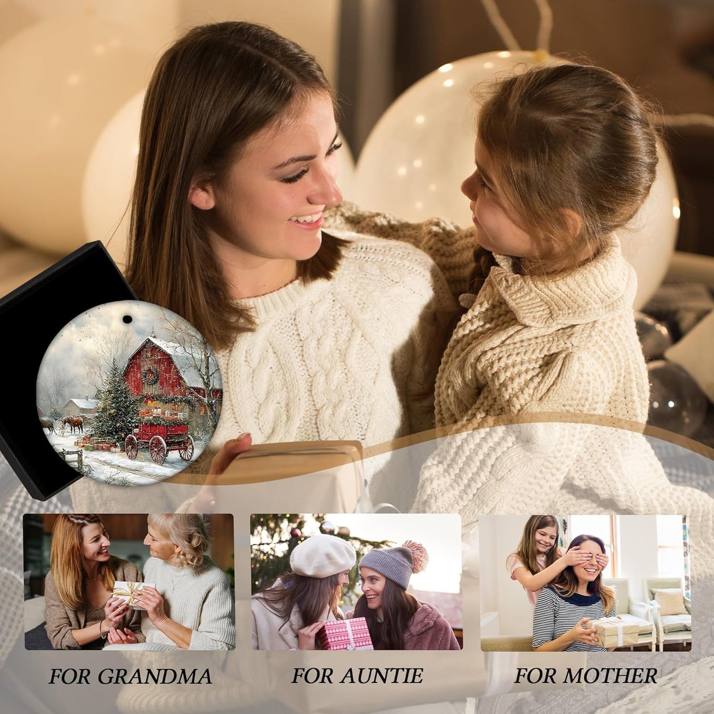 Vintage Christmas Ceramic Ornament Gifts, Retro Rustic Winter Christmas Countryside Decorative Hanging Ornaments for Xmas Tree Holiday Party Decoration, Winter Xmas Tree Decorations