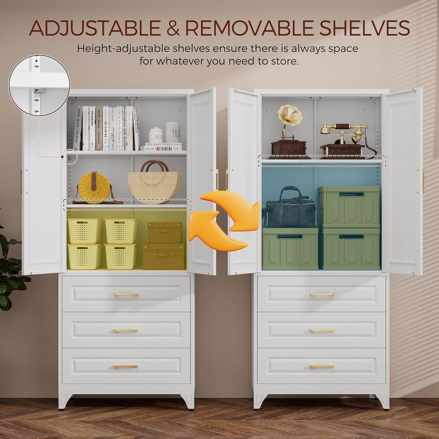 75" Kitchen Pantry Cabinet, Metal Storage Cabinets with Doors and Adjustable Shelves, White Tall Pantry Cabinet with 3 Drawers for Dinning Living Room