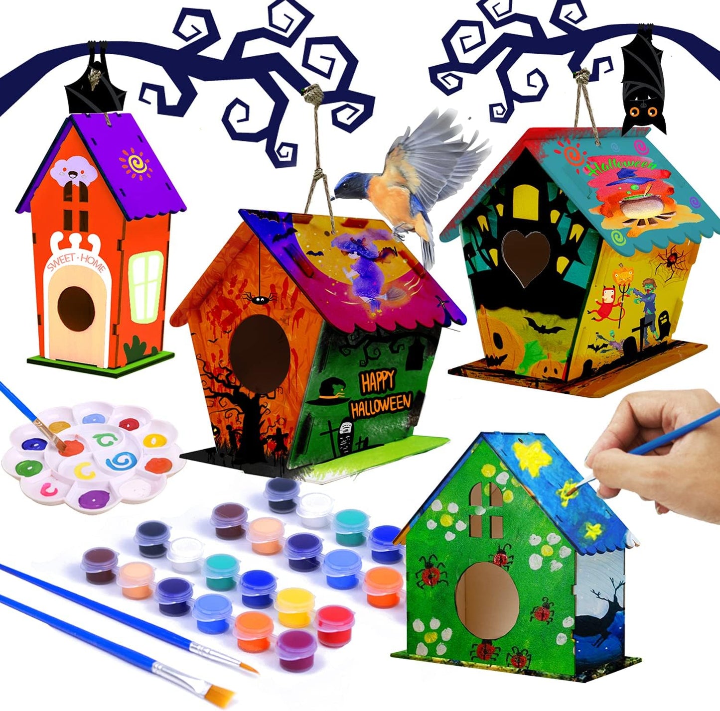 hapray 4 Pack Bird House Crafts for Kids Ages 5-8 8-12, Buildable DIY Birdhouse Kit for Children to Build, Summer Arts and Craft Projects with Paint, 3+ Boy Girl Gift for Halloween Christmas